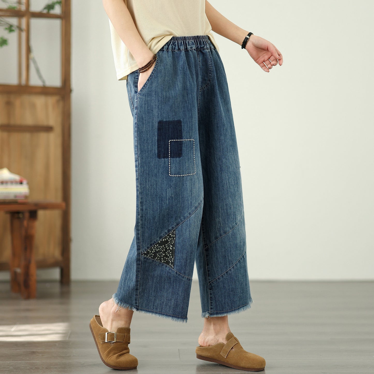 Women's Wide Leg Denim Pants Fringe Jeans