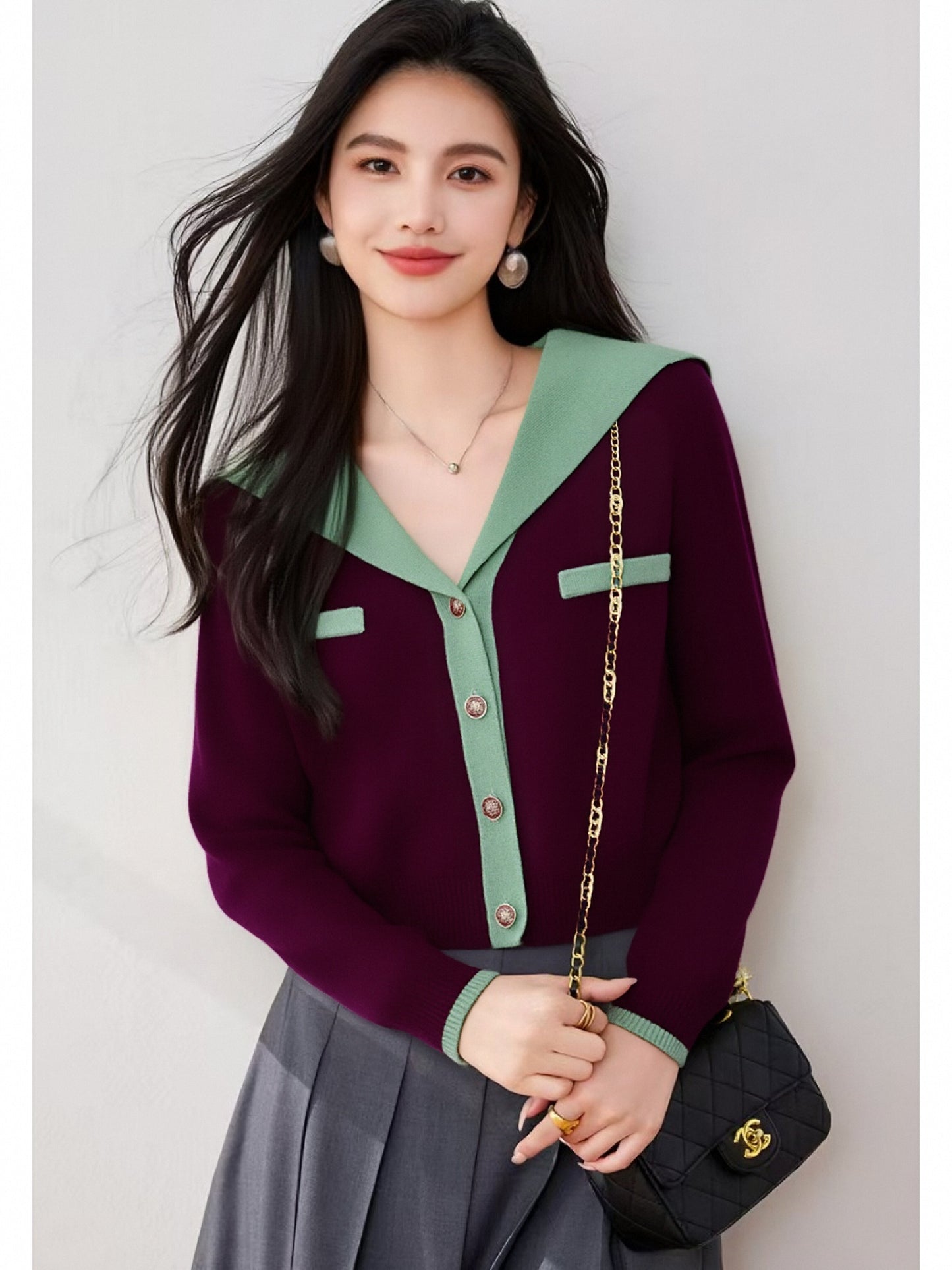 Women's Sailor Collar Long Sleeve Stripe Cardigan Sweater