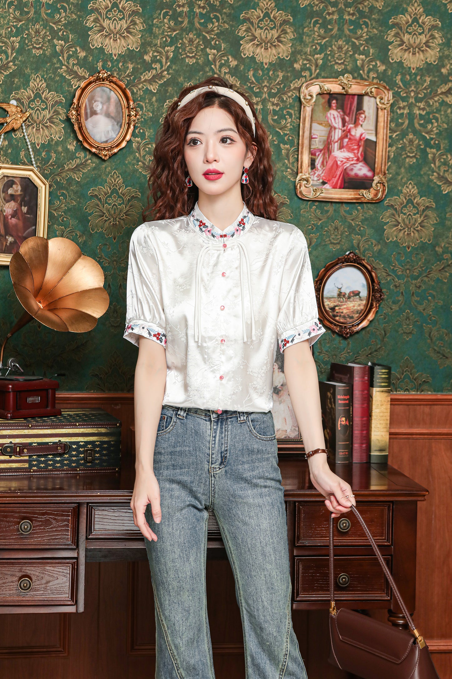 Women's Silk Satin Embroidery Jacquard Blouse Tops