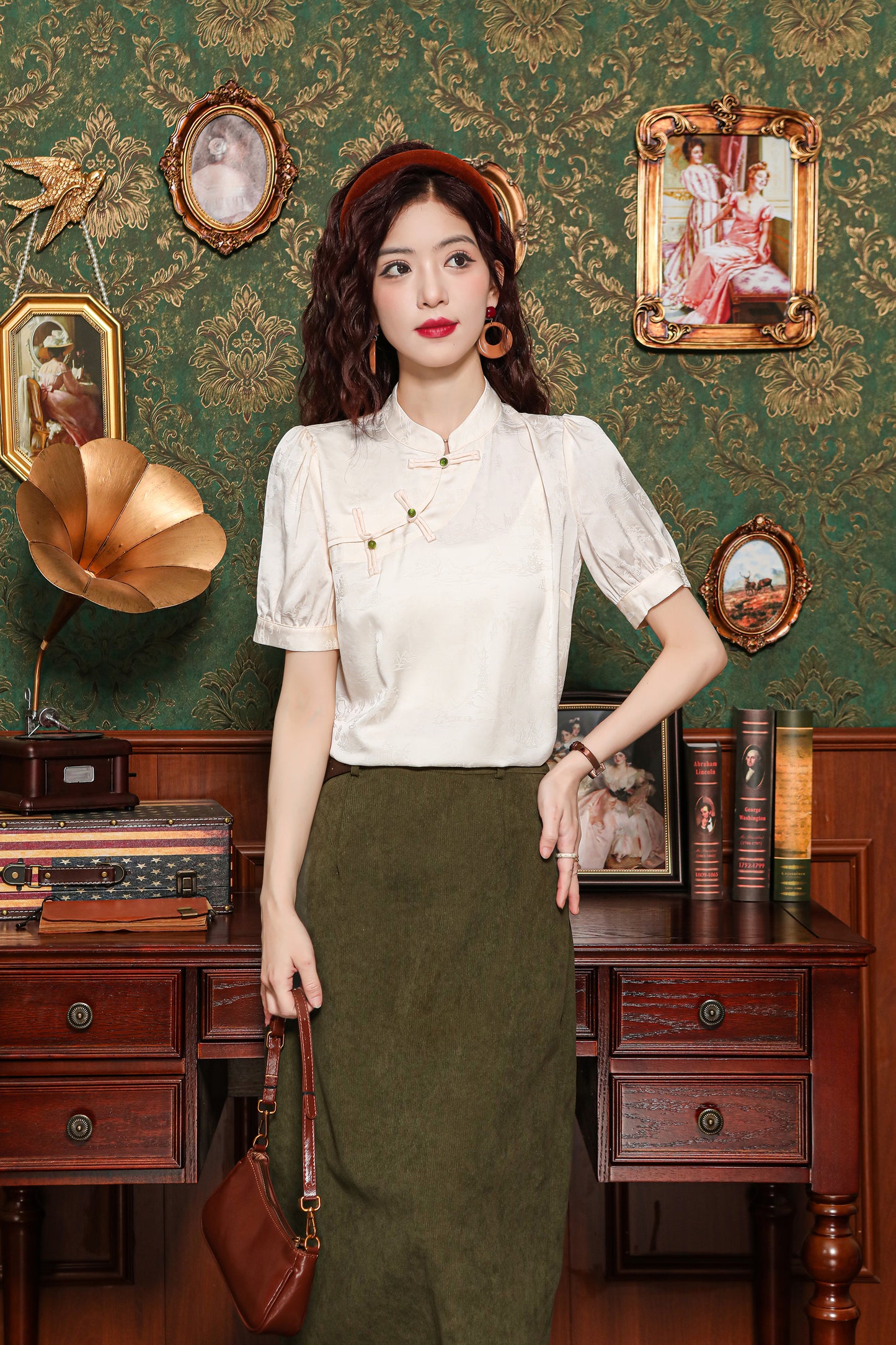 Women's Silk Satin Tops Button Jacquard Blouse