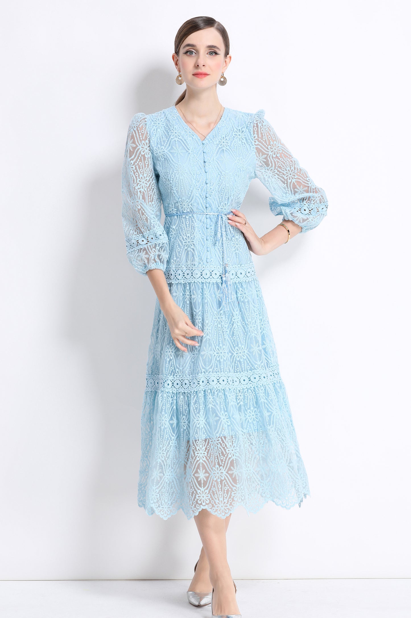 Women's V-Neck Mesh Embroidery Lace Midi Dress