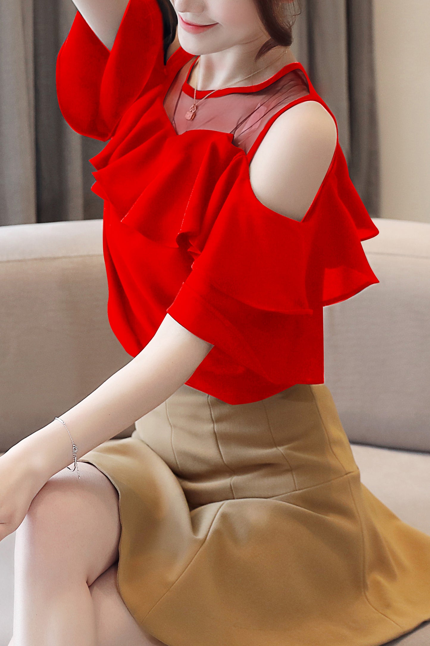 Women's Chiffon Ruffle Off Shoulder Mesh Blouse Top