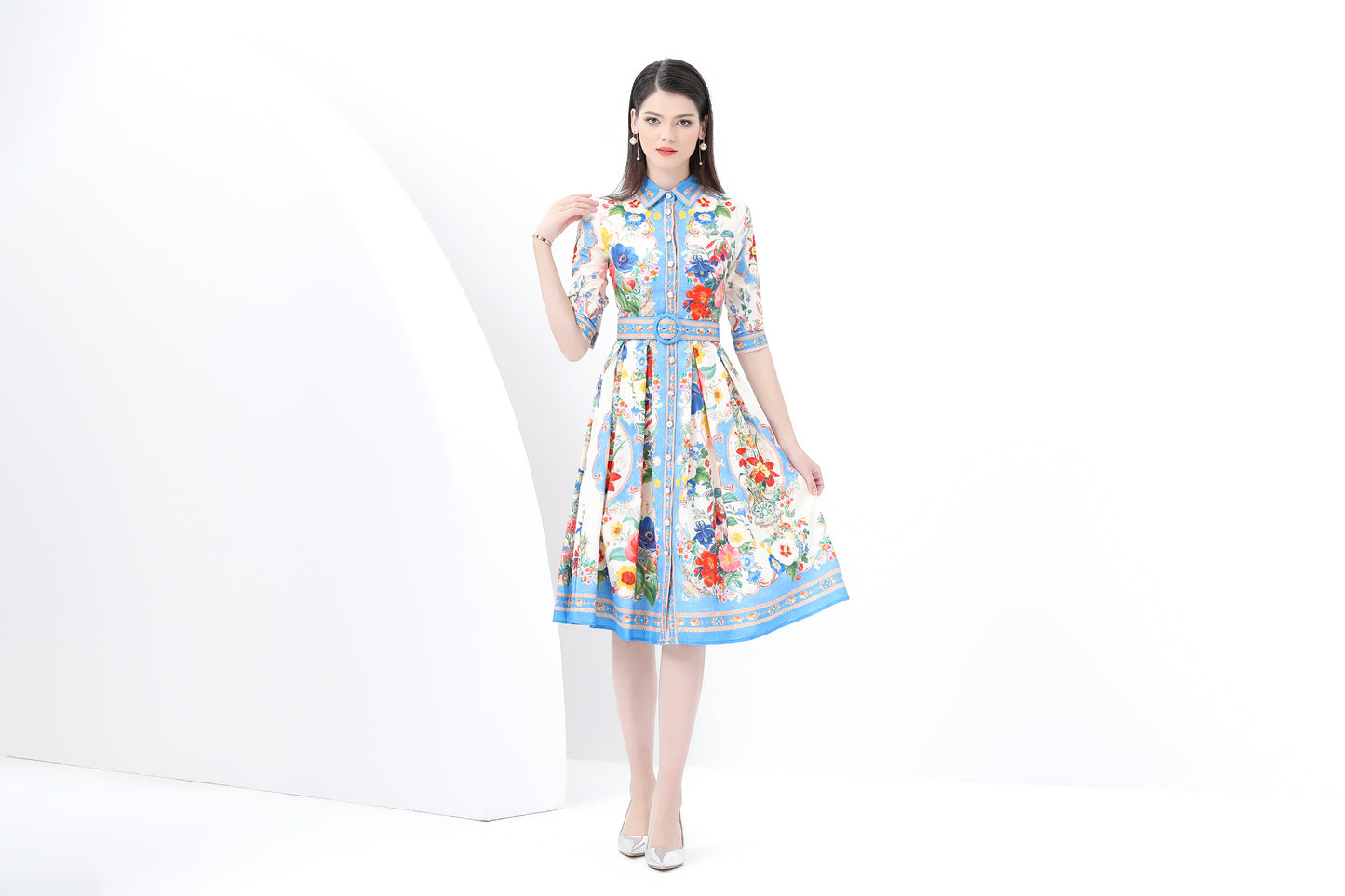 Women's Print Button Collar Short Sleeve Midi Dress