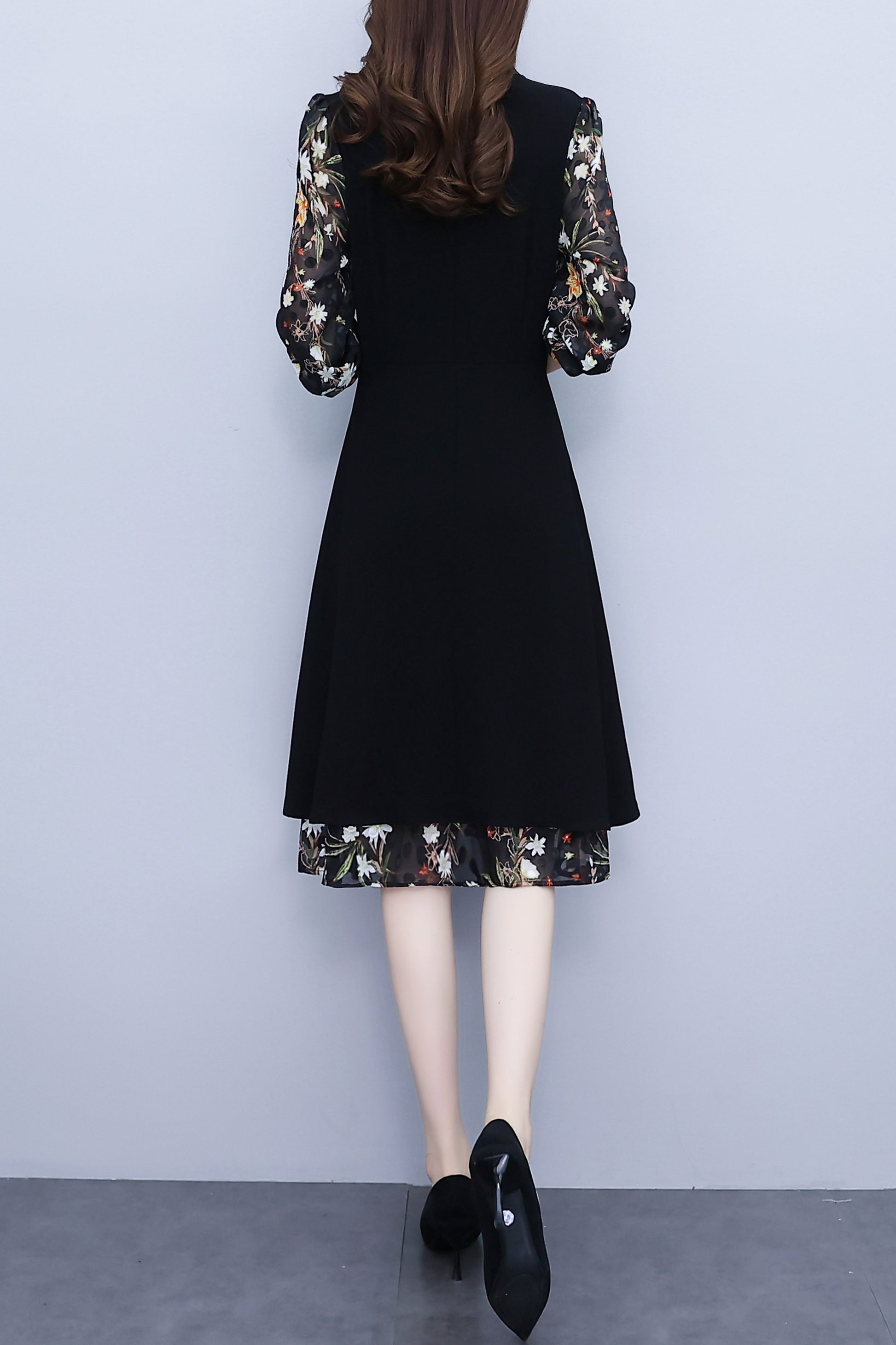 Women's Elegant Patchwork Design A-Line Midi Dress - LAI MENG FIVE CATS