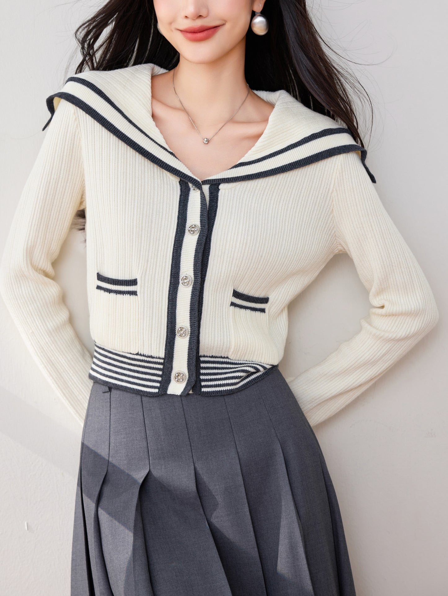 Women's Sailor Collar V-Neck Stripe Button Knit Top