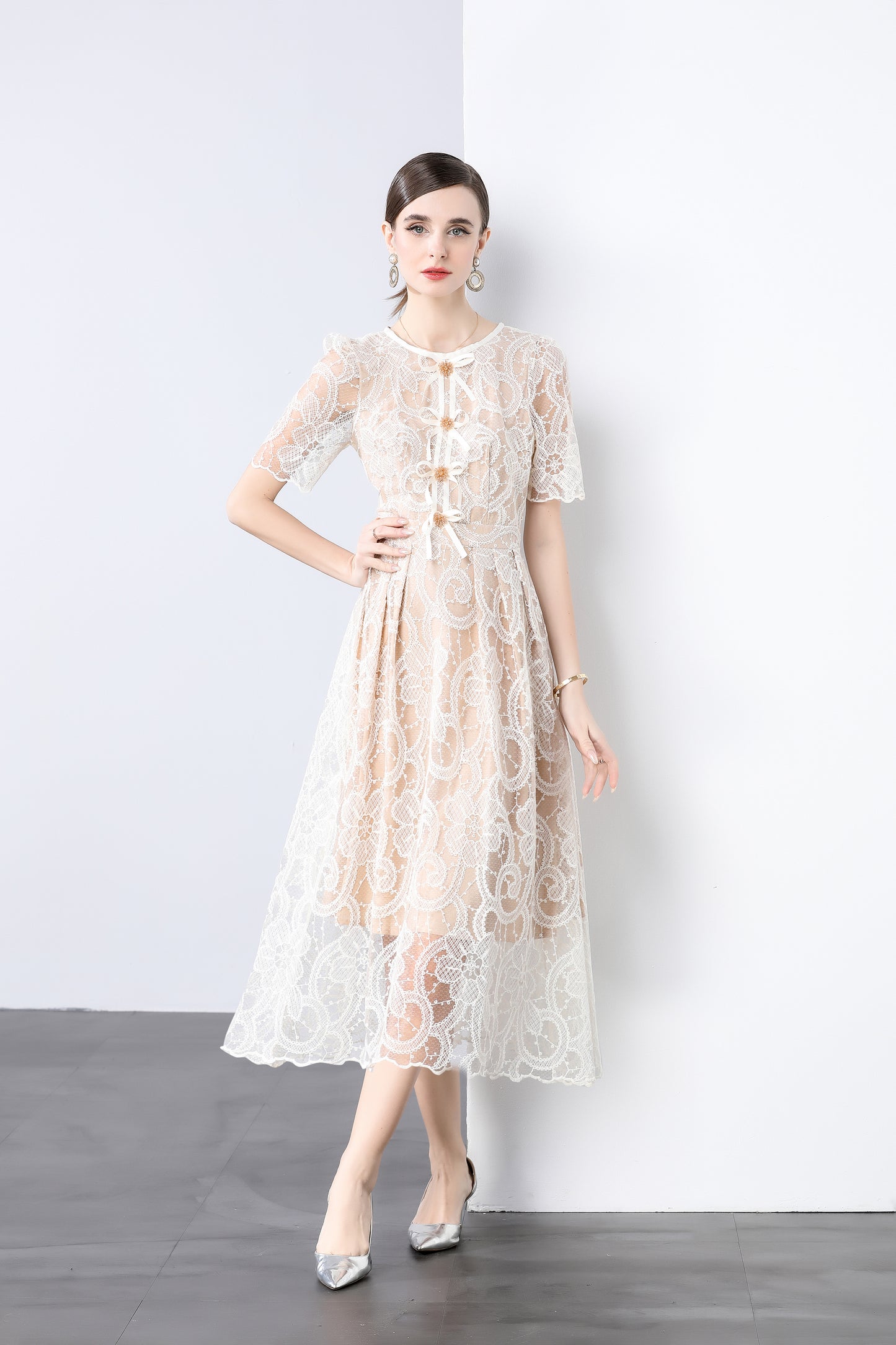 Cream Lace Bow Midi Dress – Romantic Puff Sleeve Summer Dress