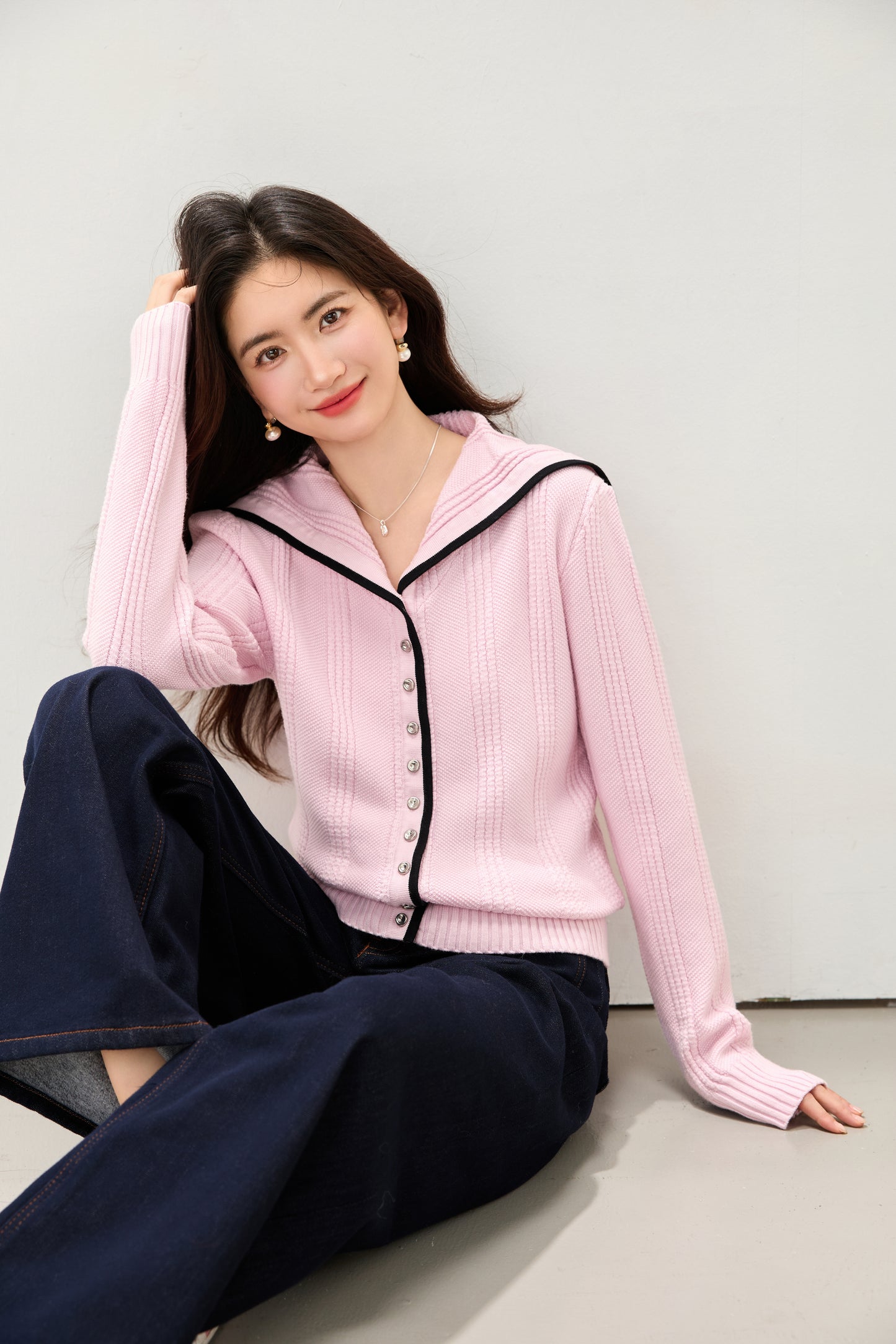 Women's Sailor Collar Long Sleeve Stripe Cardigan Sweater