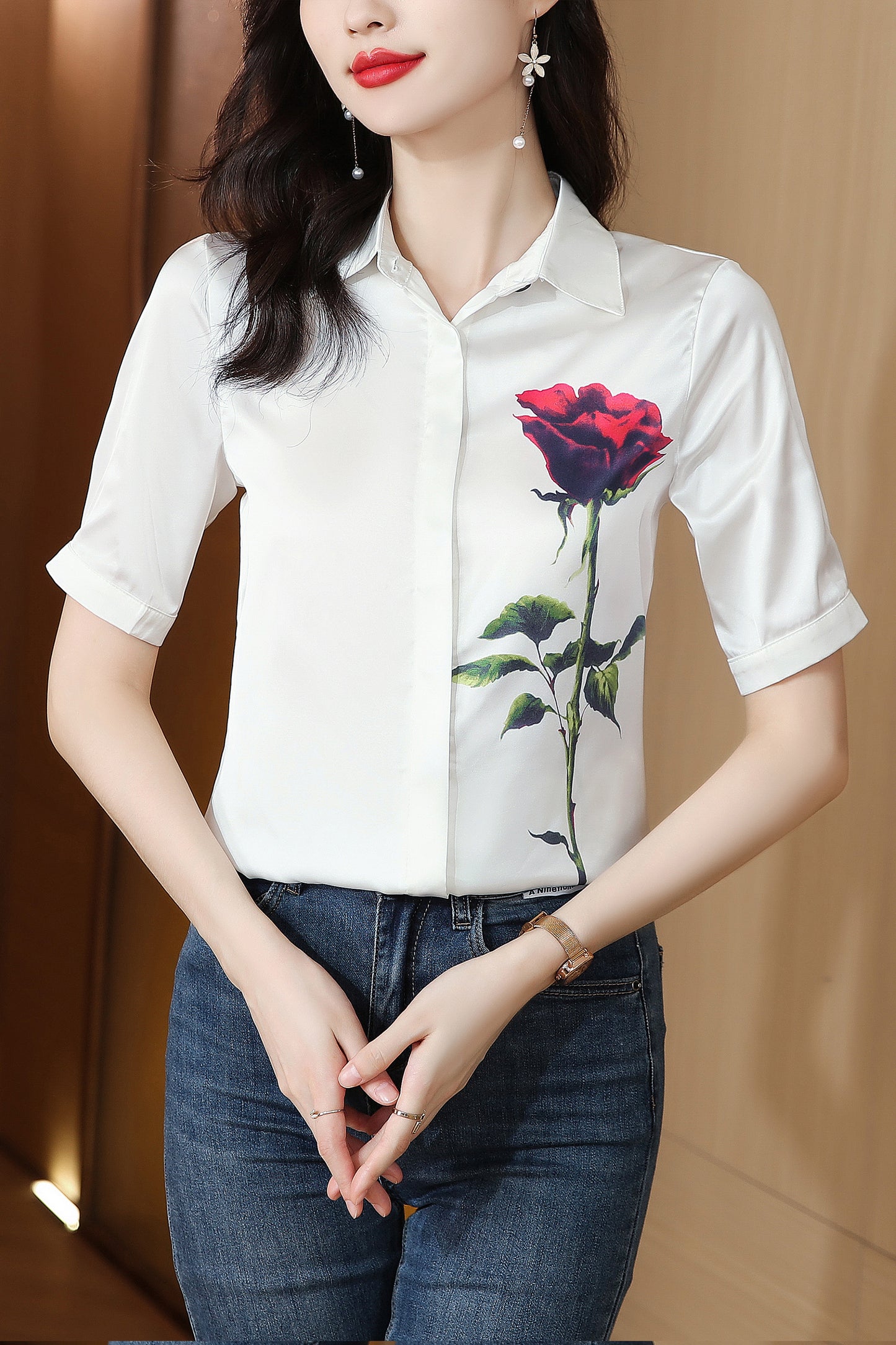 Women's Collared Floral Print Blouse Short Sleeve Tops