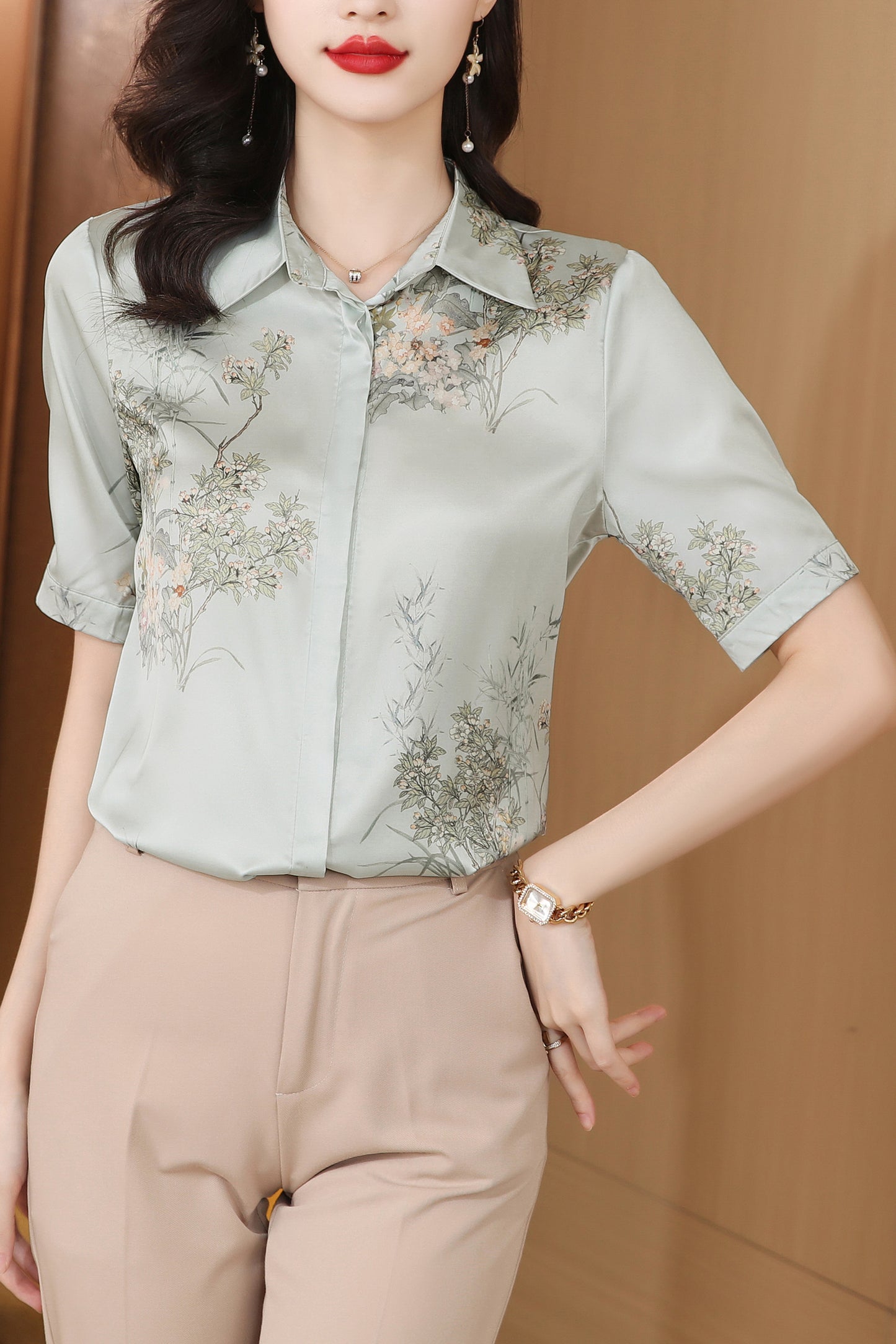 Women's Collared Floral Print Blouse Short Sleeve Tops