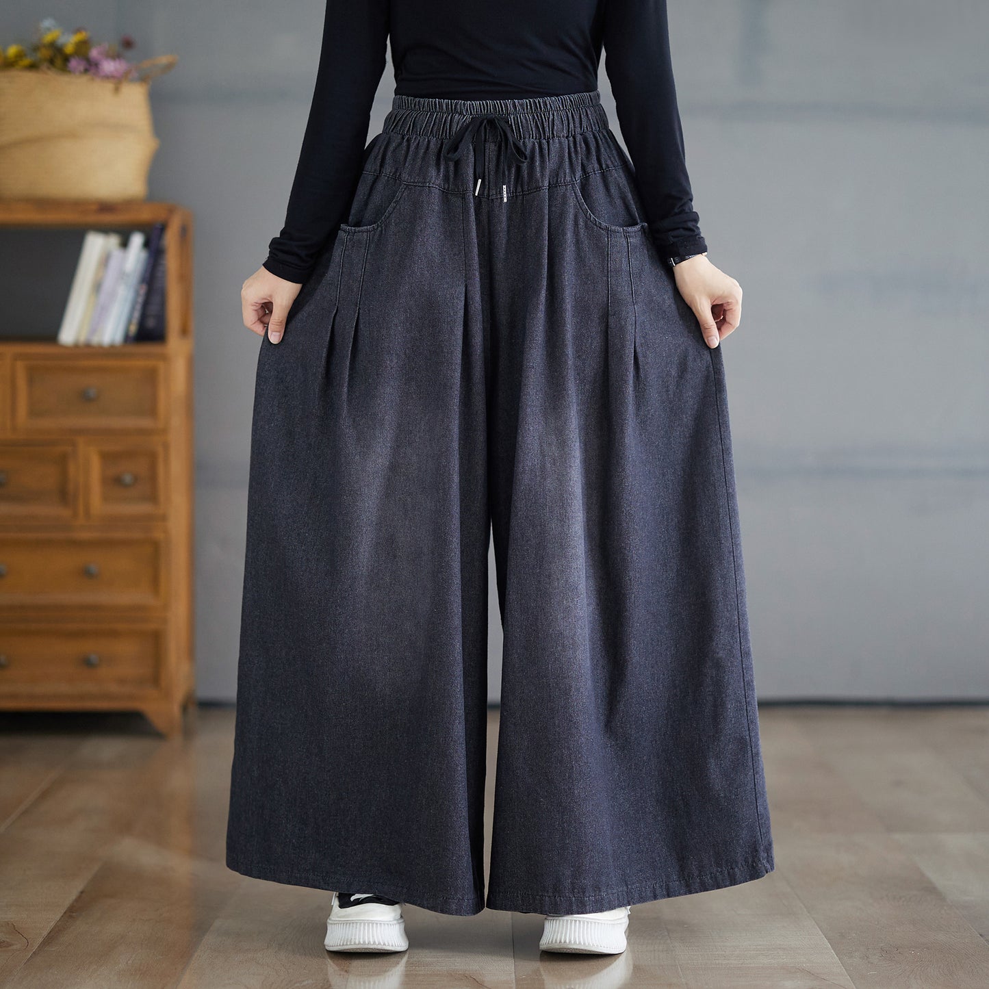 BK-Loose Elastic Waisted Drawstring Wide Leg Pants