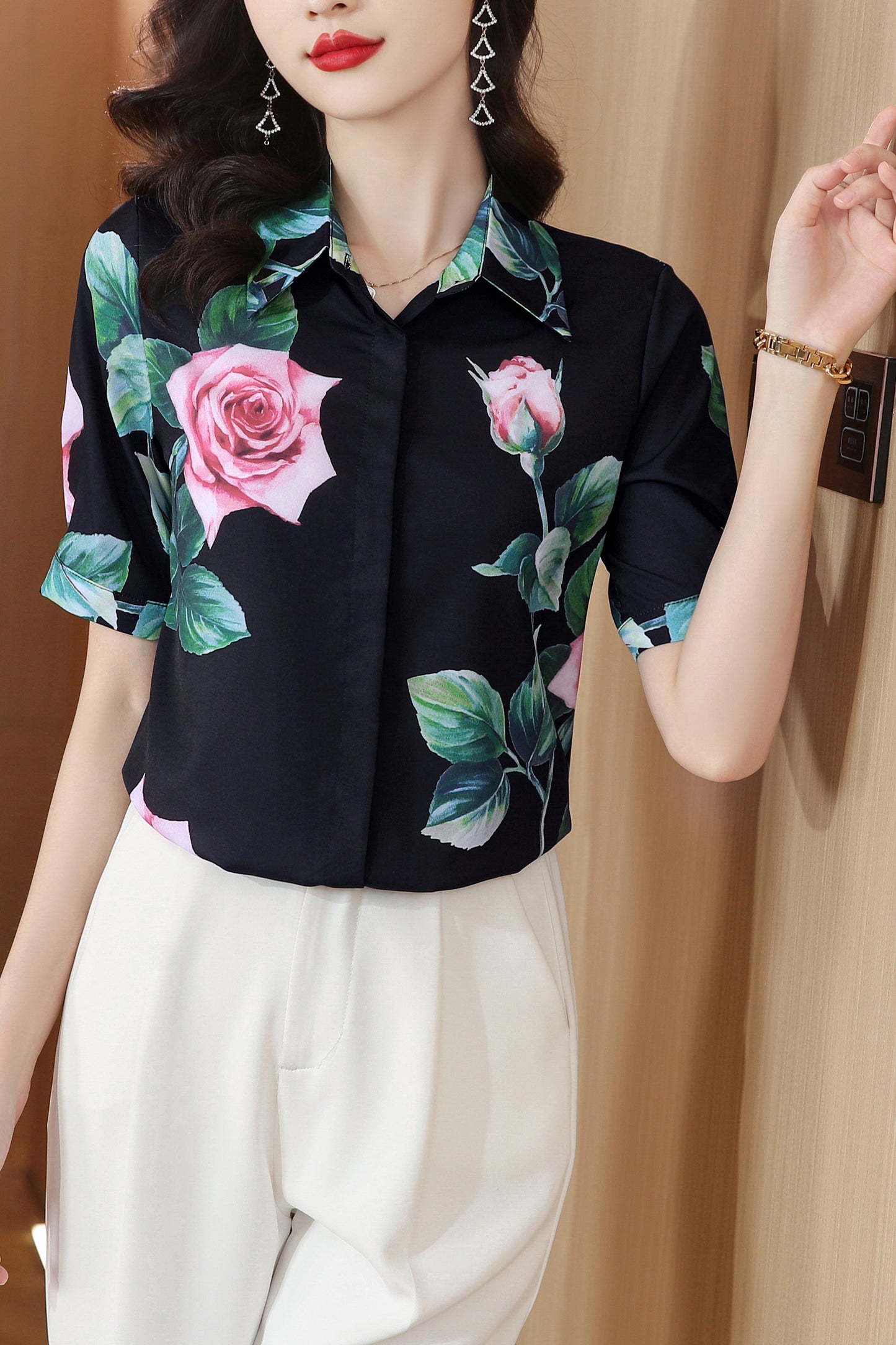Women's Collared Floral Print Blouse Short Sleeve Tops