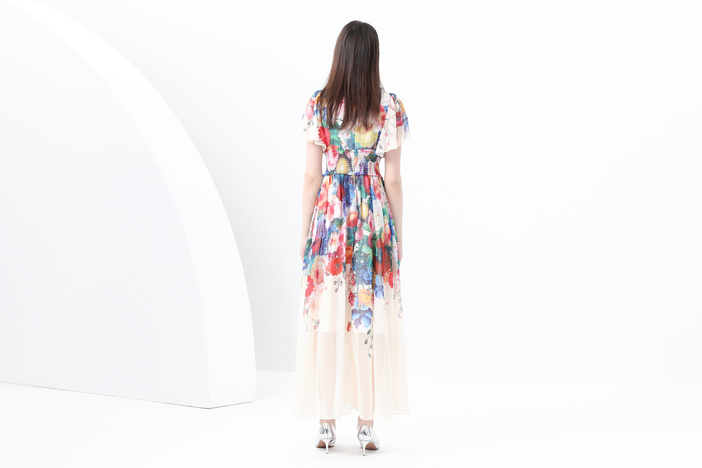 Women's V-Neck Elastic Waist Print Maxi Dress