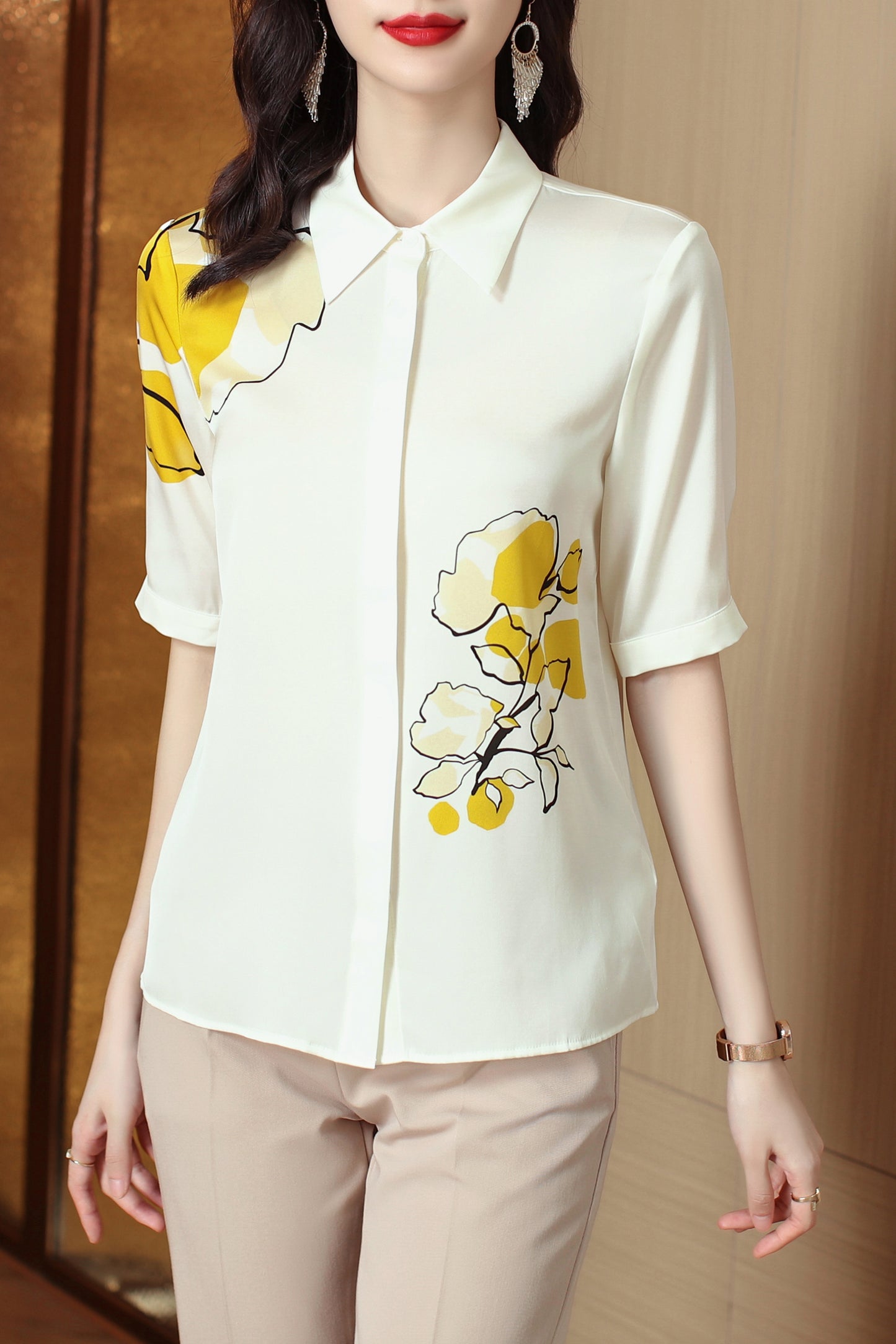 Women's Collared Floral Print Blouse Short Sleeve Tops