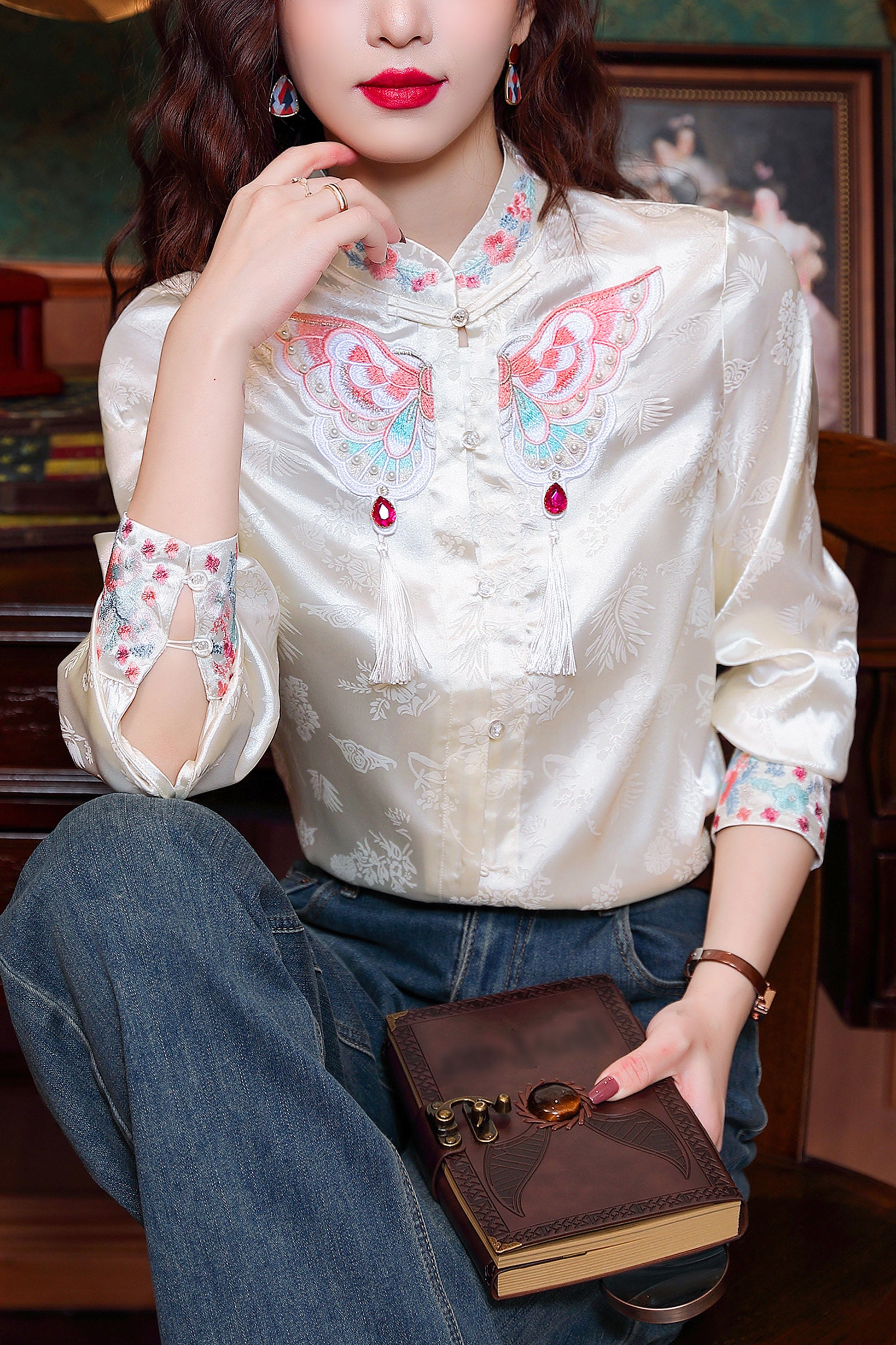 Women's Vintage chinese Silk Satin Top Embroidery Jacquard Blouses - LAI MENG FIVE CATS