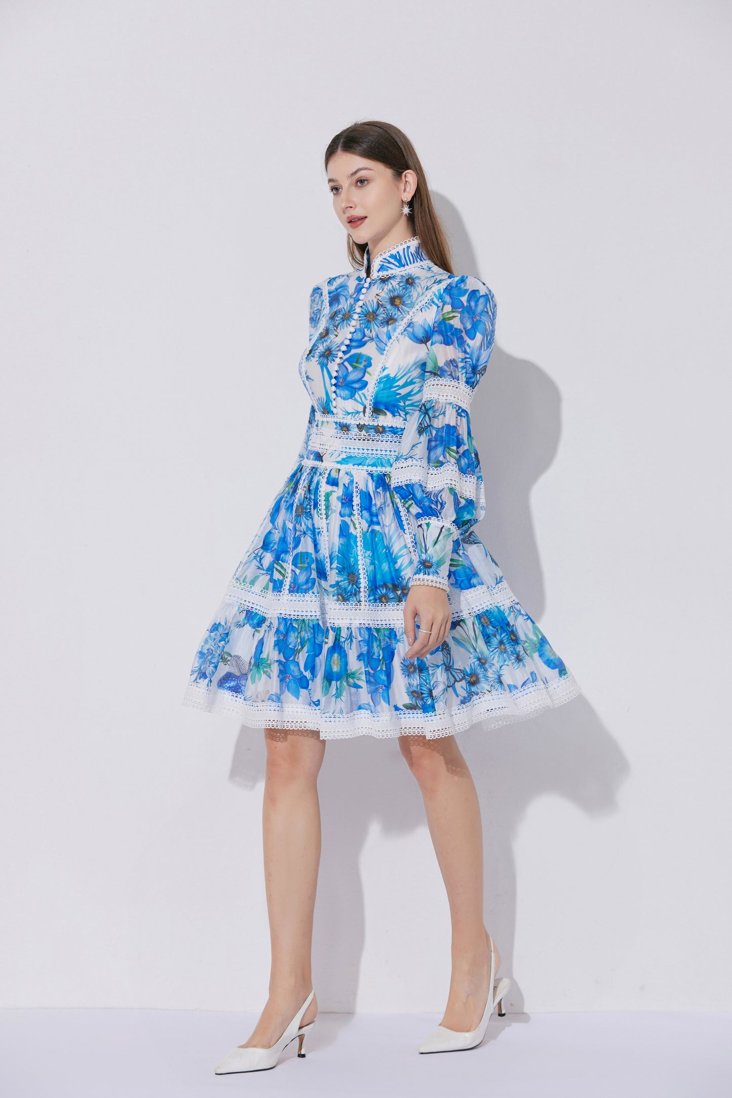 Women's Puff Sleeves Hollow Mesh Mini Dress
