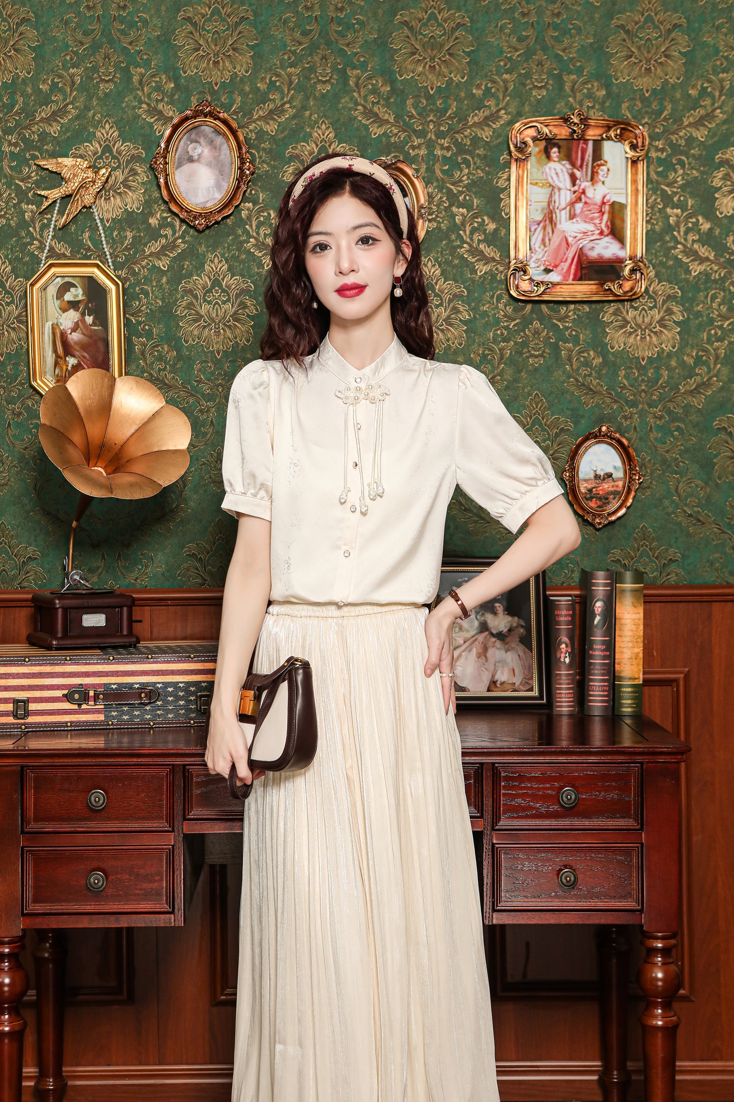 Women's Silk Satin Embroidery Jacquard Blouse Tops