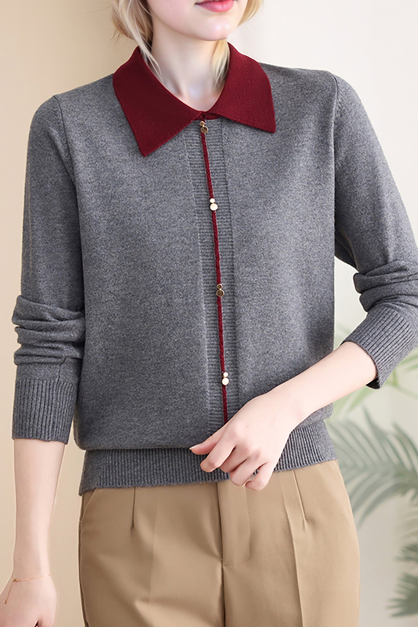 Women's Contrast Collar Cropped Sweater Shirt