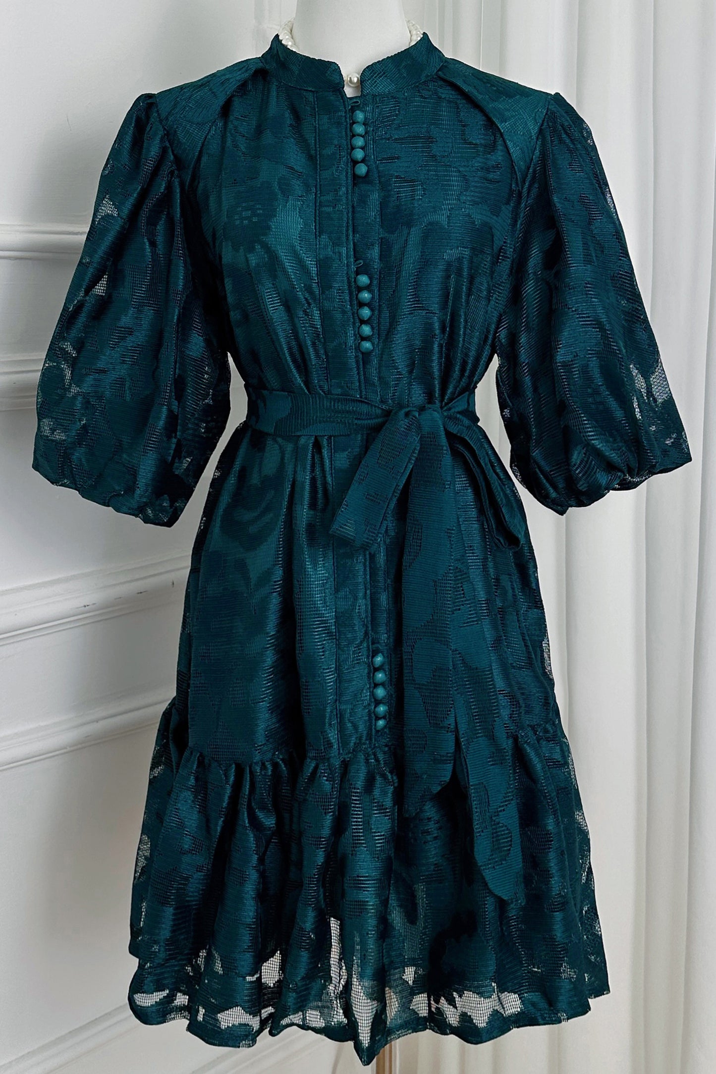 Women's Lace Puff Sleeve Ruffle Loose Mini Dress