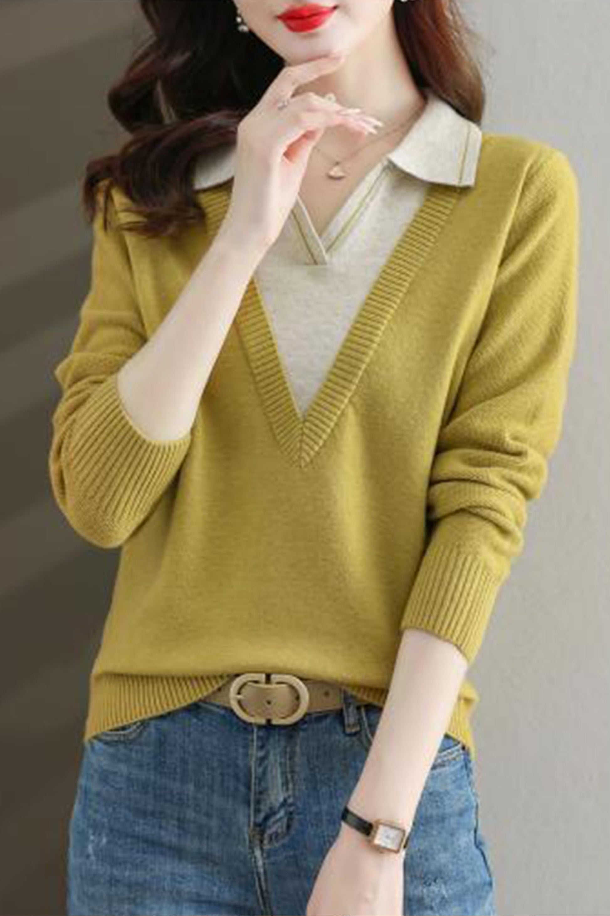 Collar Shirt V-Neck Patchwork Blouse Top - LAI MENG FIVE CATS