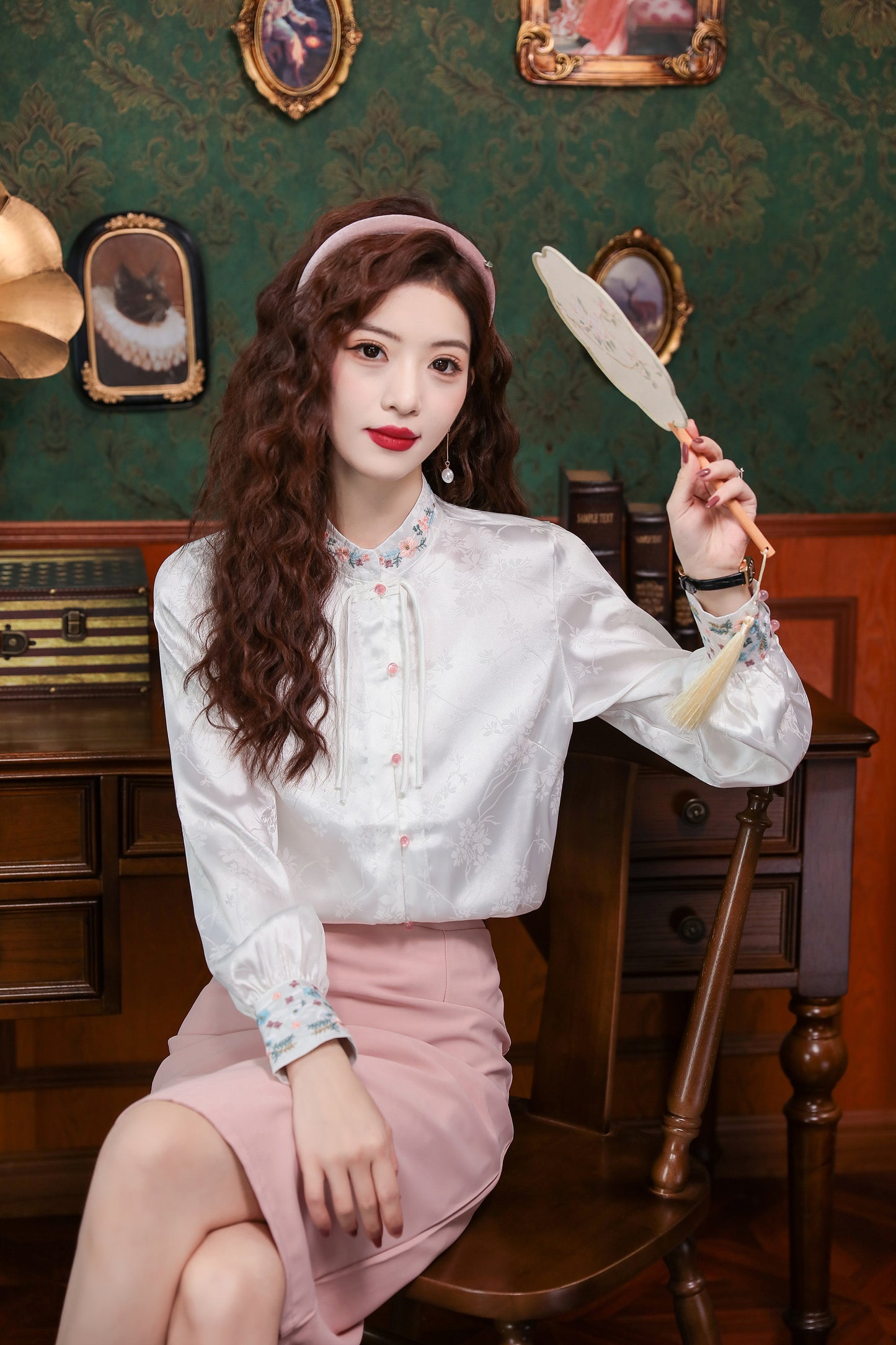 Women's Silk Satin Top Embroidered Jacquard Shirt