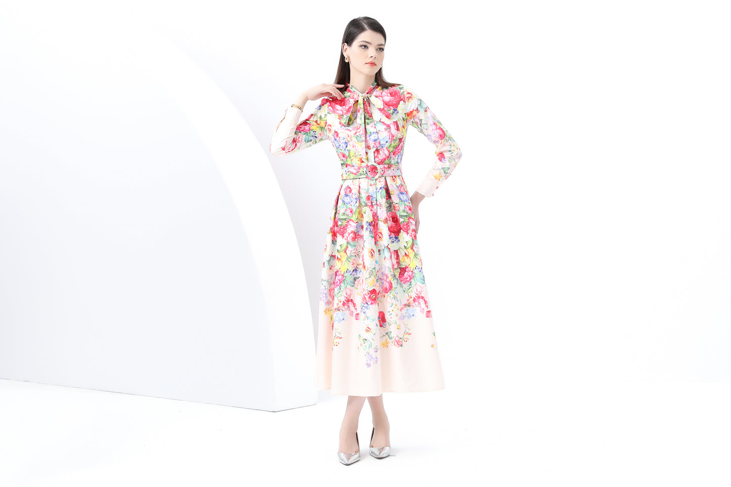 BK-Floral print Tie Neck Maxi Dress