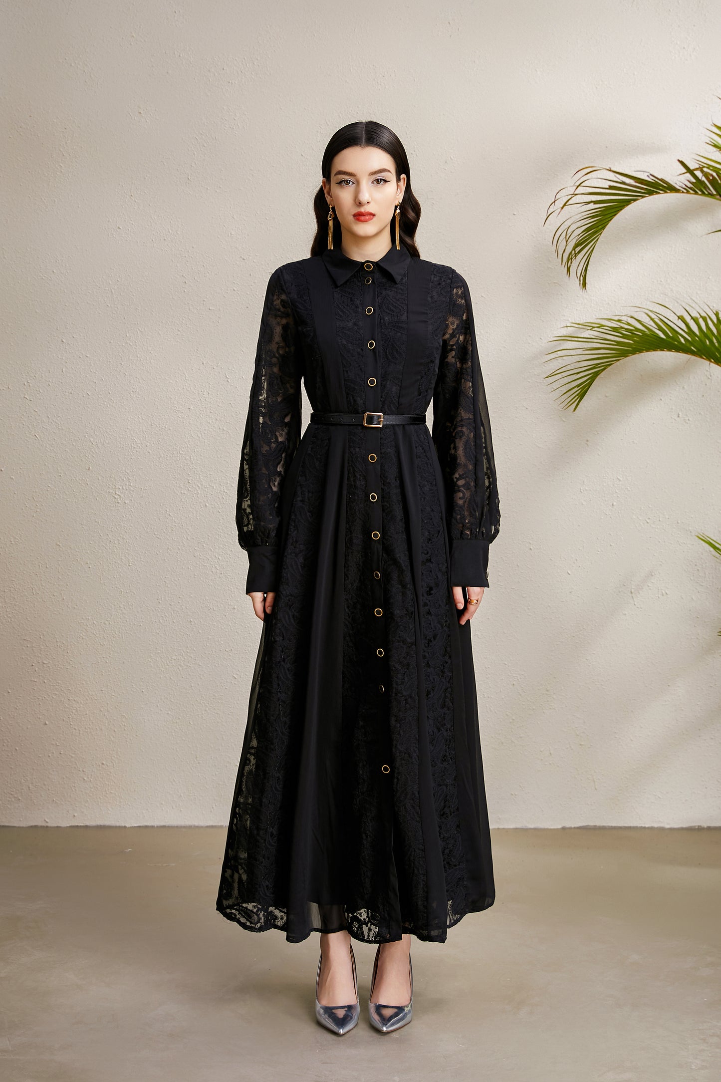 Women's Floral Print Lace Puff Sleeve Maxi Dress