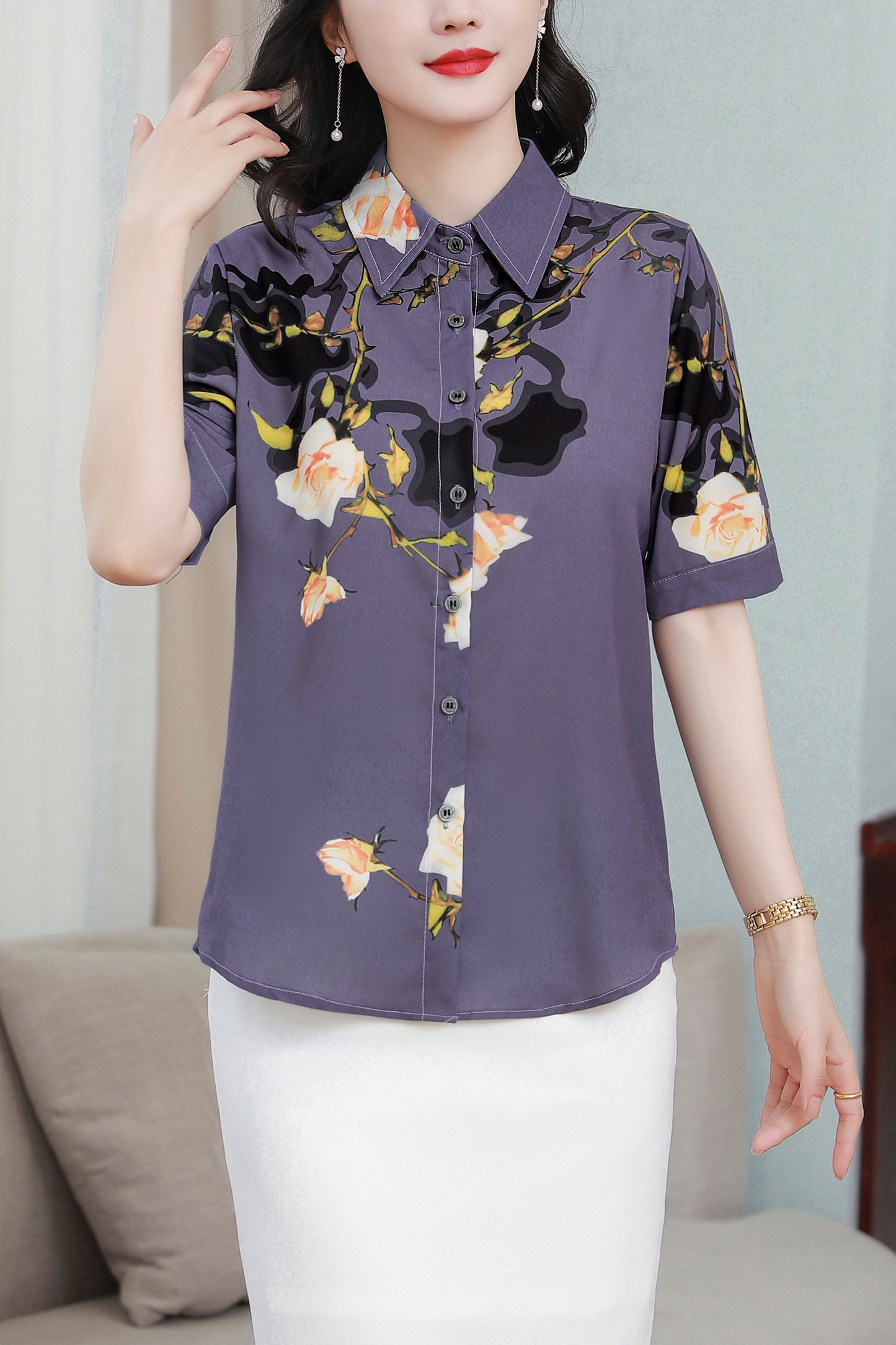 Women's Collared Floral Print Blouse Short Sleeve Tops