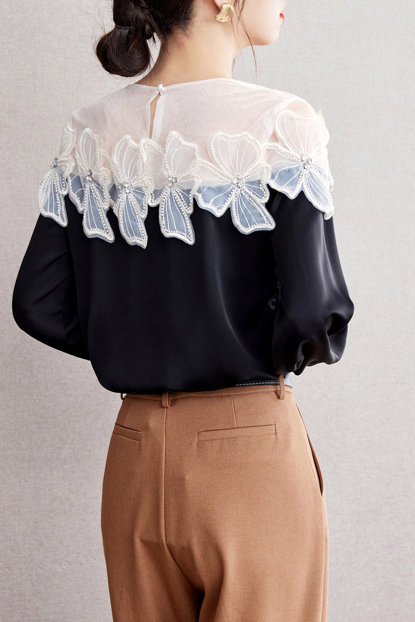 Patchwork Tunic Shirt Print Round Neck Blouse - LAI MENG FIVE CATS