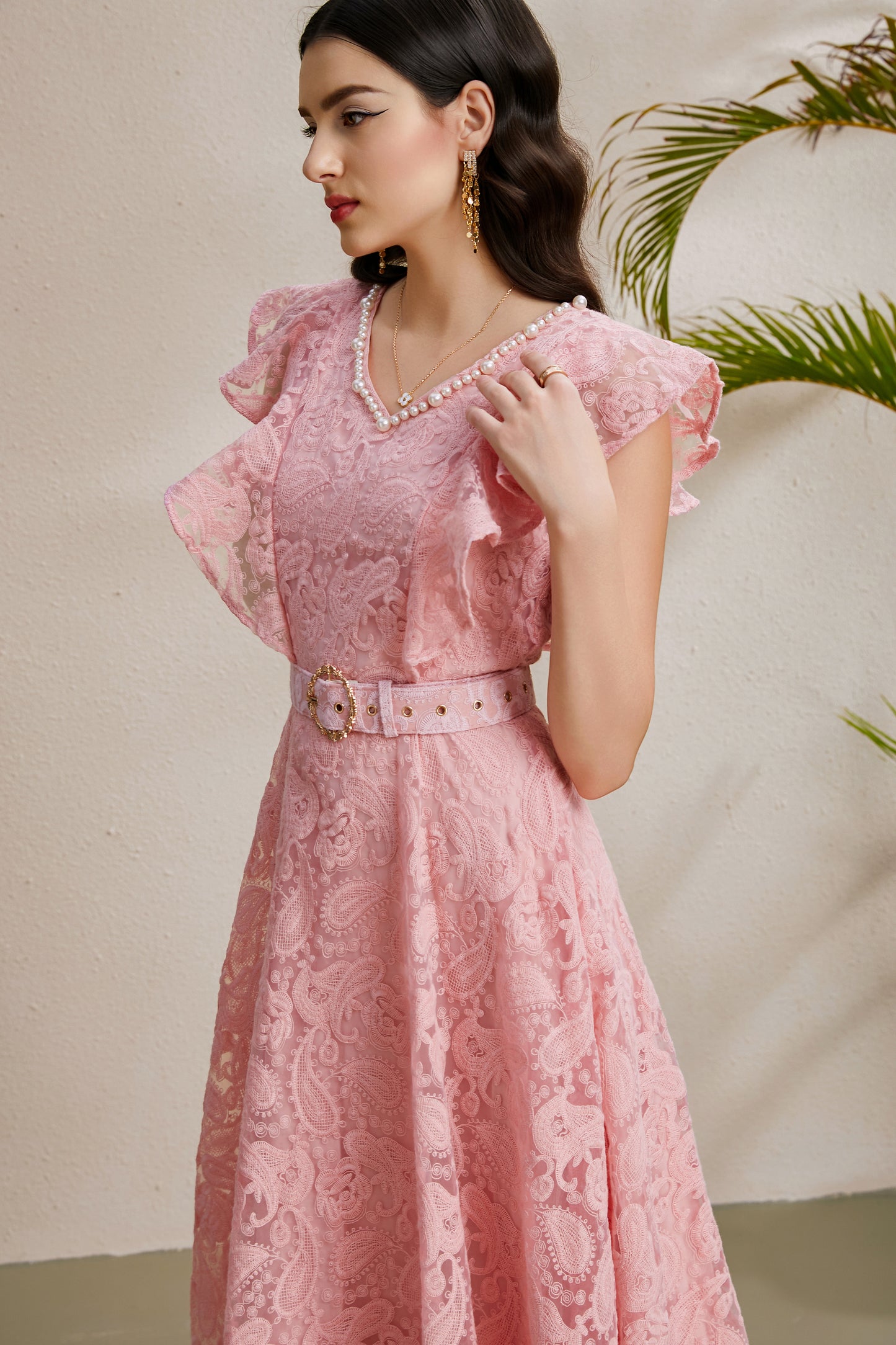 Women's Pearl V-Neck Lace Sleeveless Ruffled Sleeves Maxi Dress