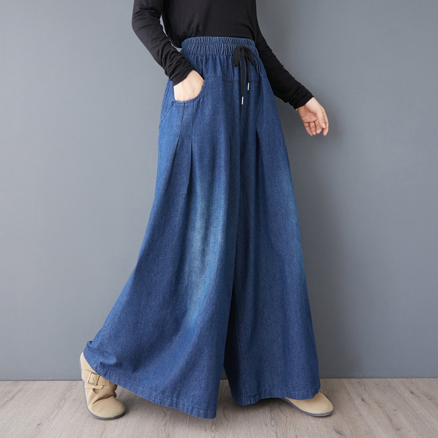 BK-Loose Elastic Waisted Drawstring Wide Leg Pants