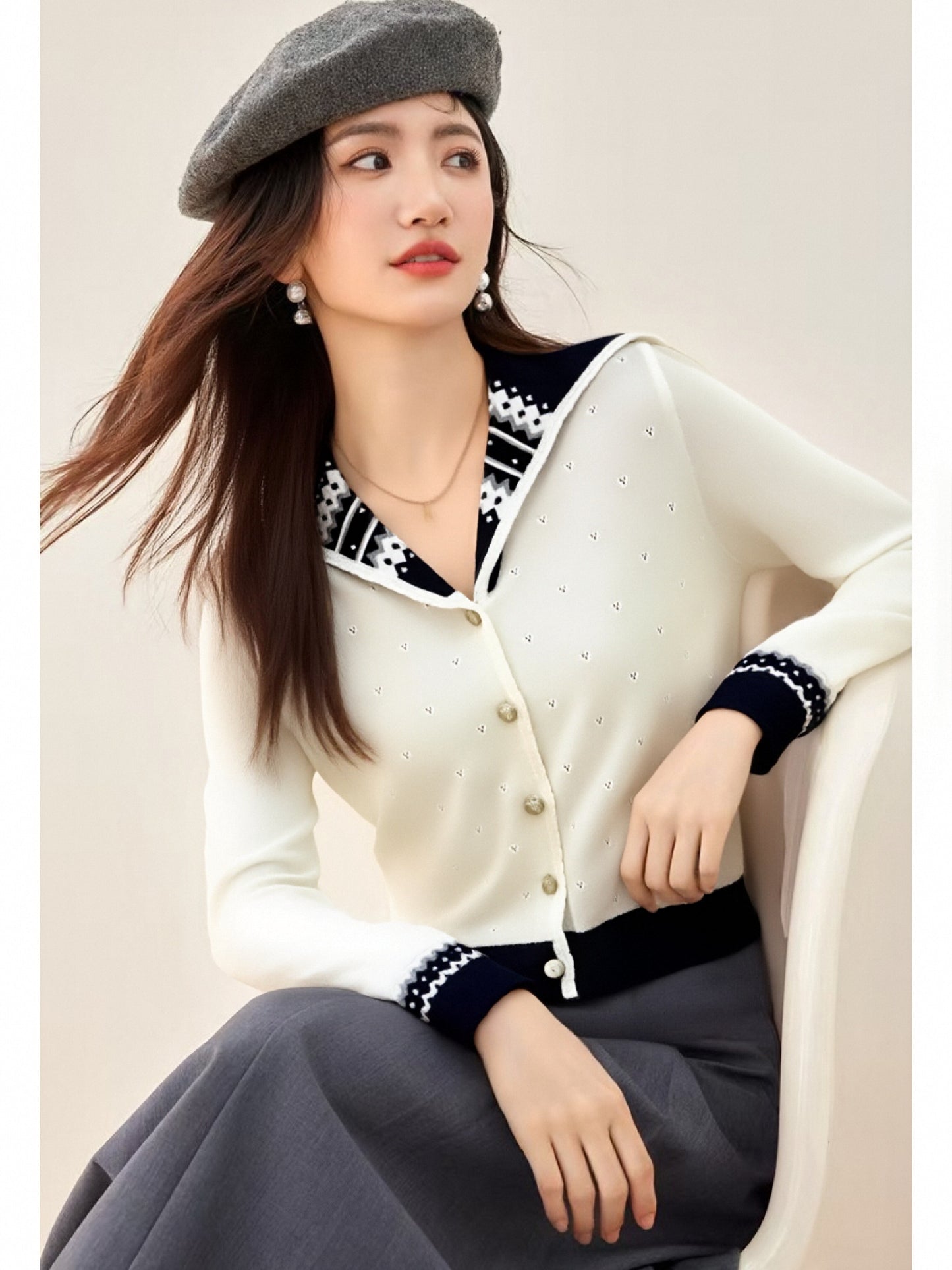 Women's Sailor Collar Long Sleeve Stripe Cardigan Sweater