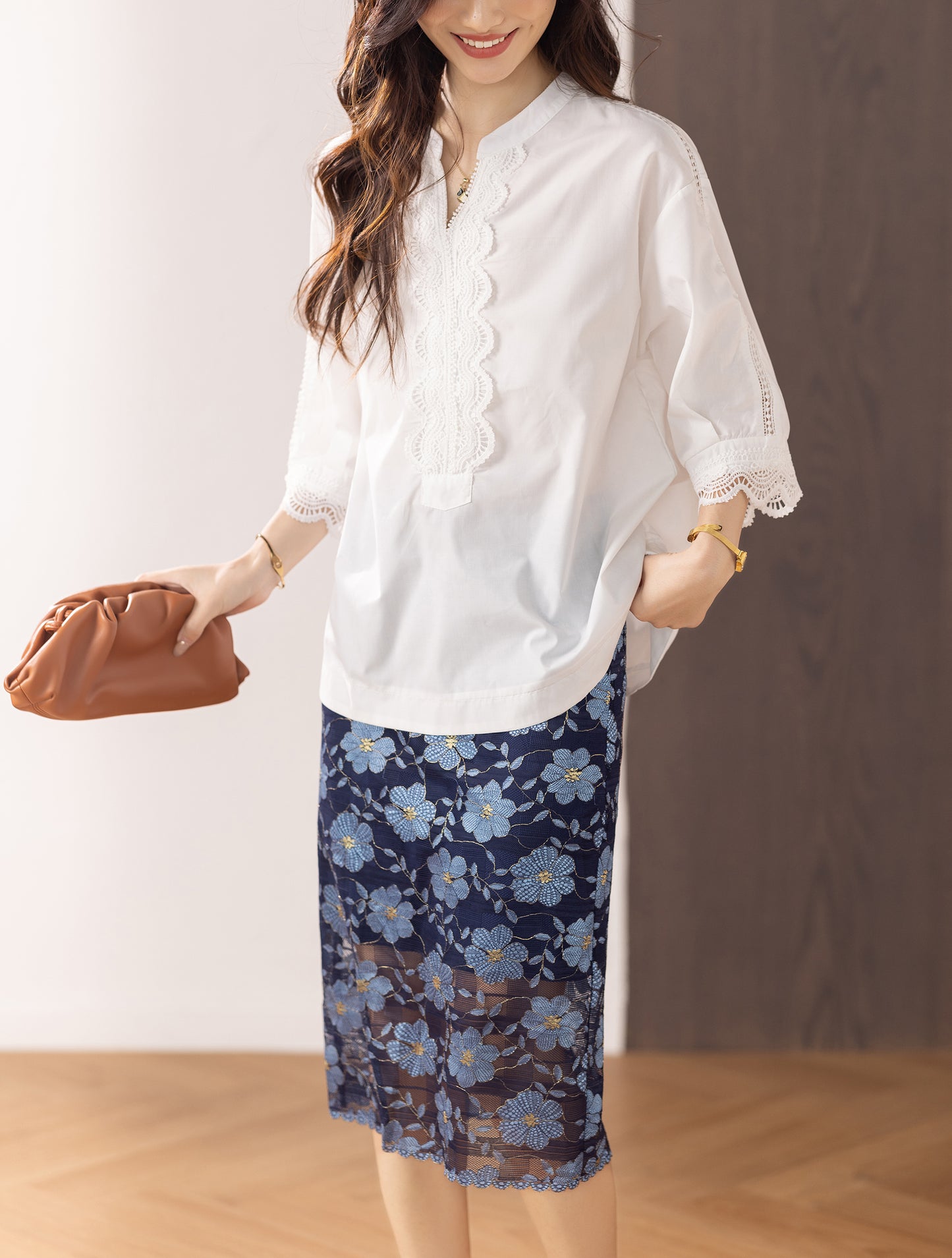 Women's V Neck Lace Floral Blouse Tops Shirts