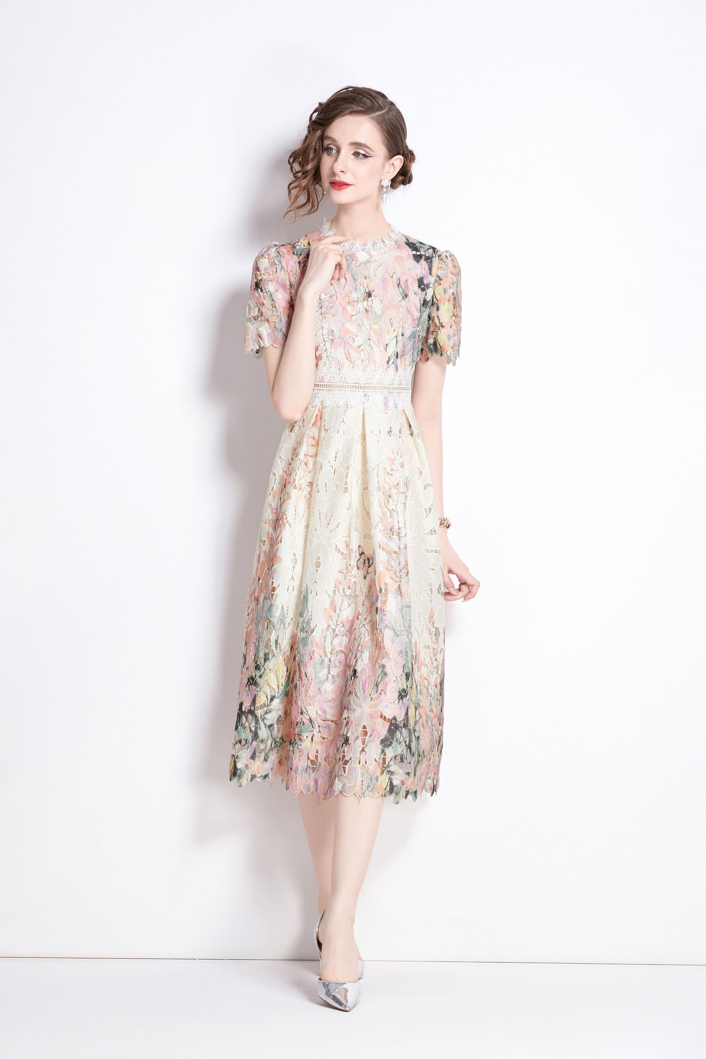 BK-Lace Floral Short Sleeve Crochet Waist Cocktail Midi Dress - LAI MENG FIVE CATS