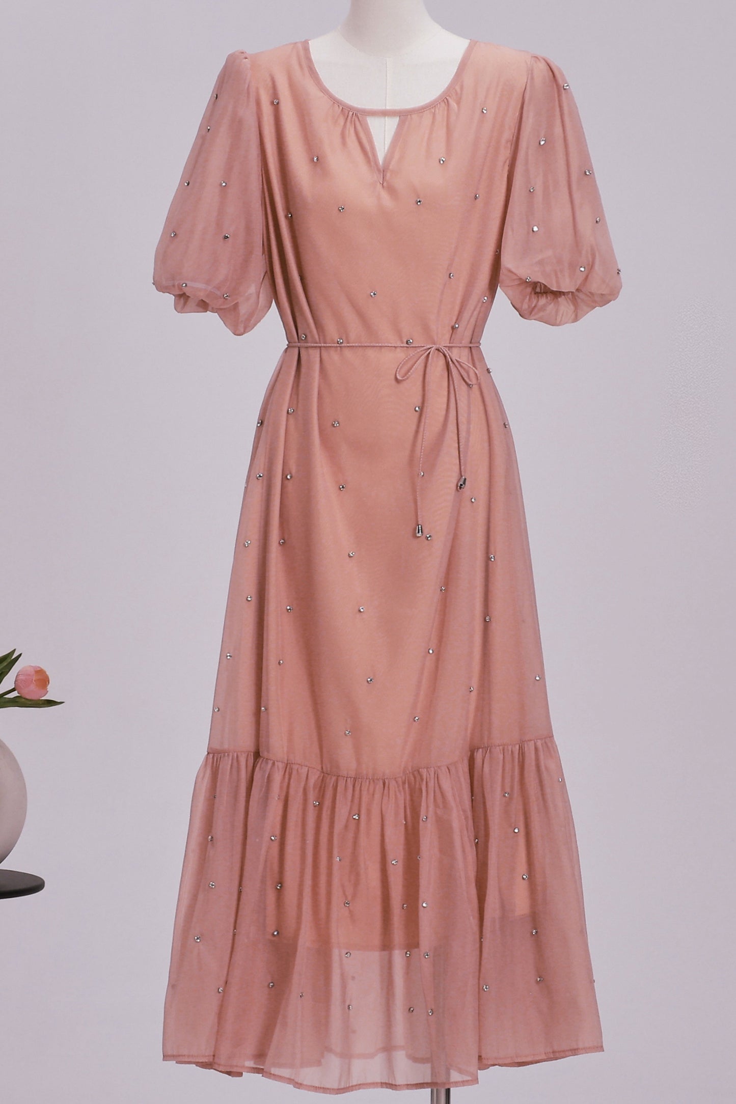 Women's Beaded Ruffled Puff Sleeve Maxi Dress