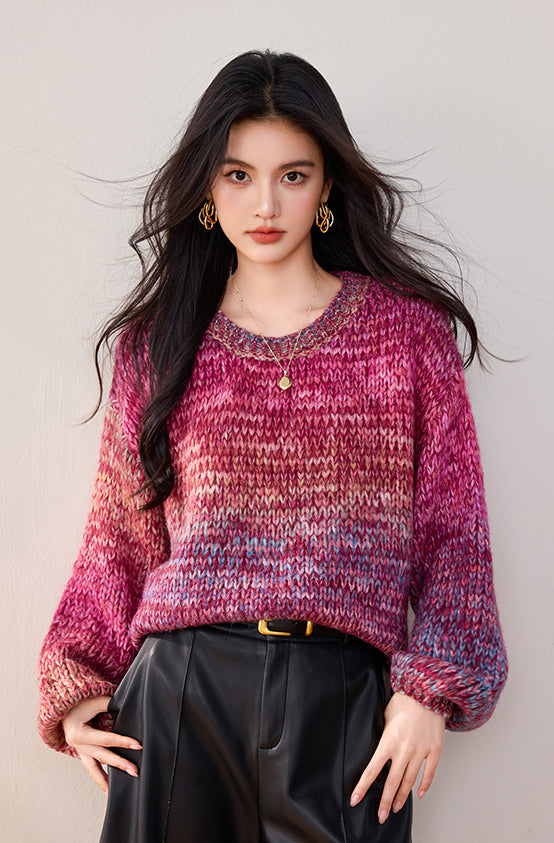 SD-Puff sleeve Colorful Pullover Sweater - LAI MENG FIVE CATS