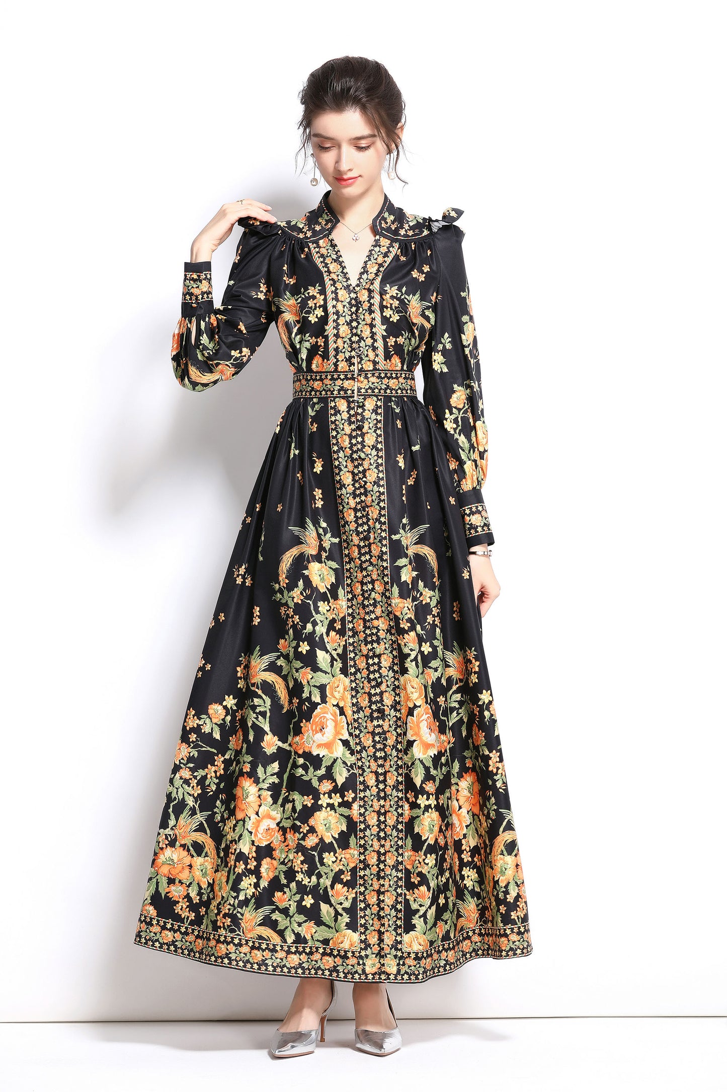 Women's Vintage Floral Print V Neck Button Front Maxi Dress - LAI MENG FIVE CATS