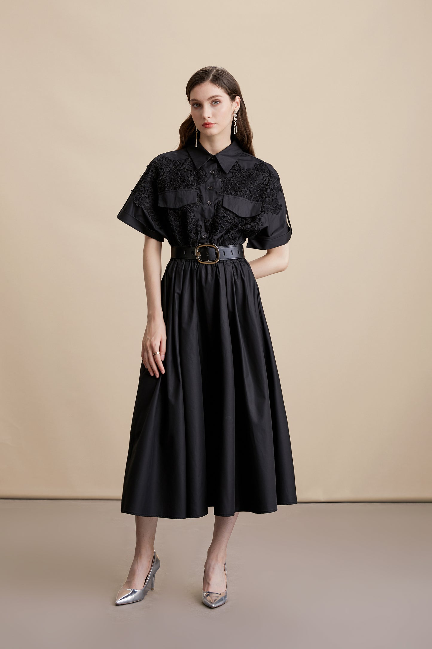 Women's Lace Collar Short Sleeves Pocket Midi Dress
