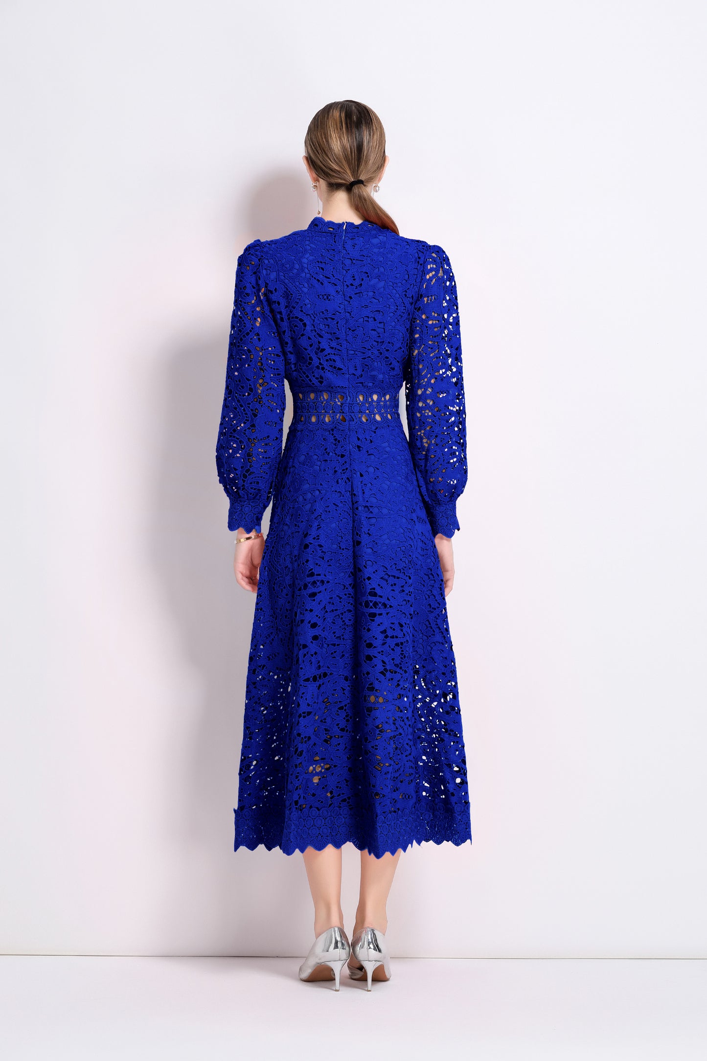 Women's Puff Long Sleeve Hollow Lace Maxi Dress