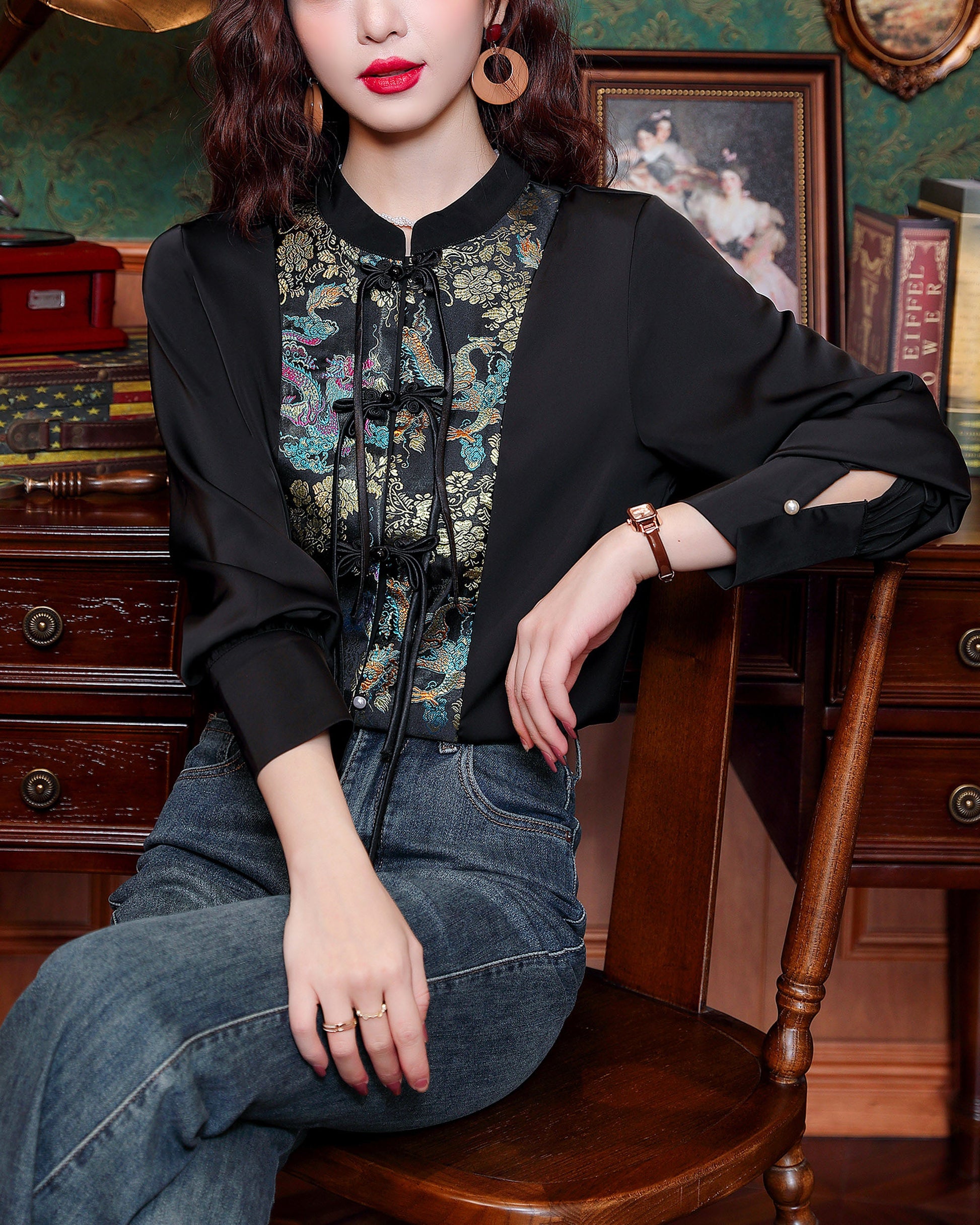 Women's Vintage chinese Silk Satin Top Embroidery Jacquard Blouses - LAI MENG FIVE CATS