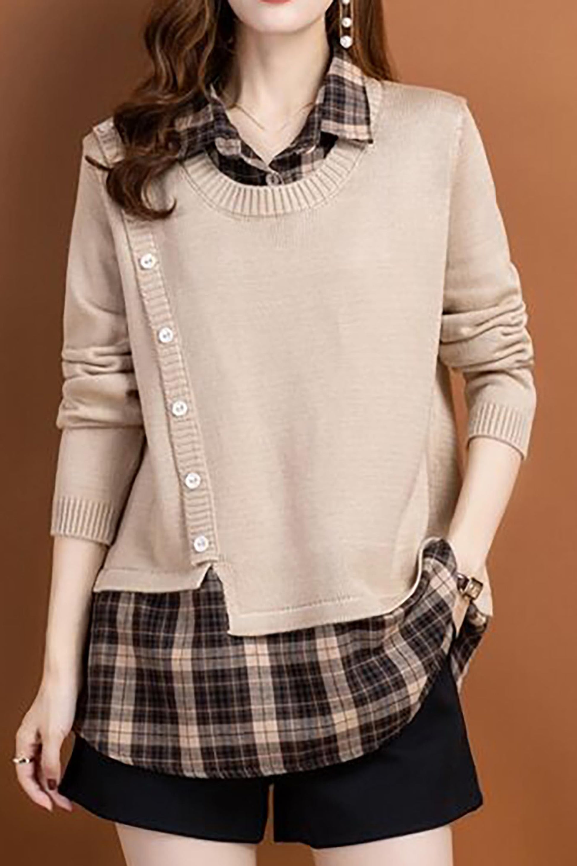 Knit Collar Patchwork Blouse Tops - LAI MENG FIVE CATS