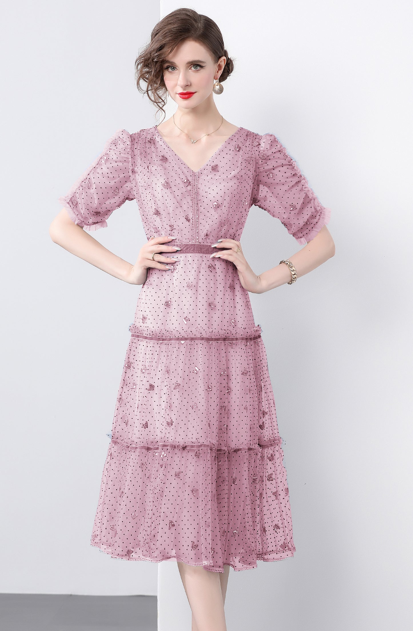 Pink Butterfly Embroidered Midi Dress – Romantic Tiered Tulle Dress - LAI MENG FIVE CATS