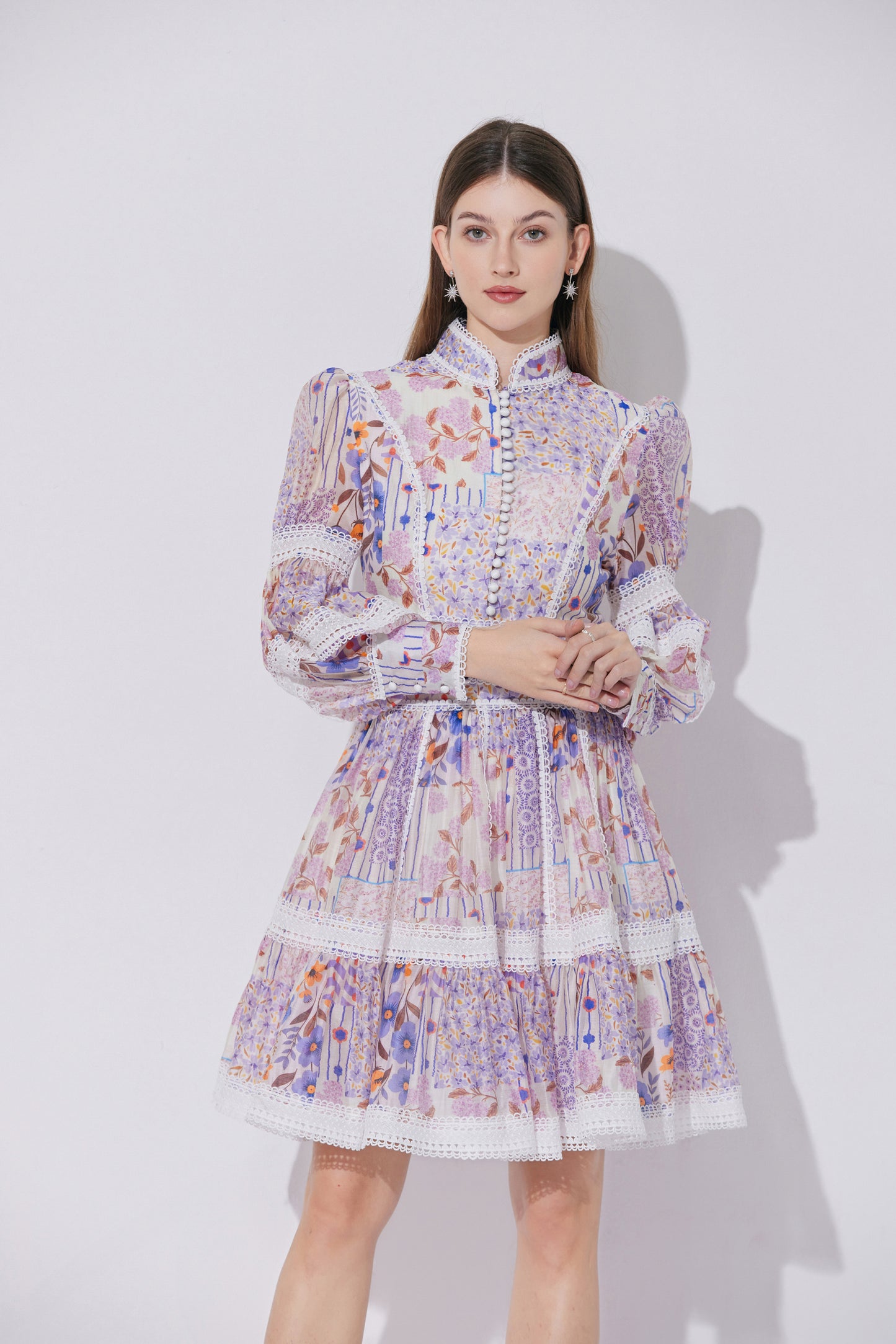 Women's Puff Sleeves Hollow Mesh Mini Dress