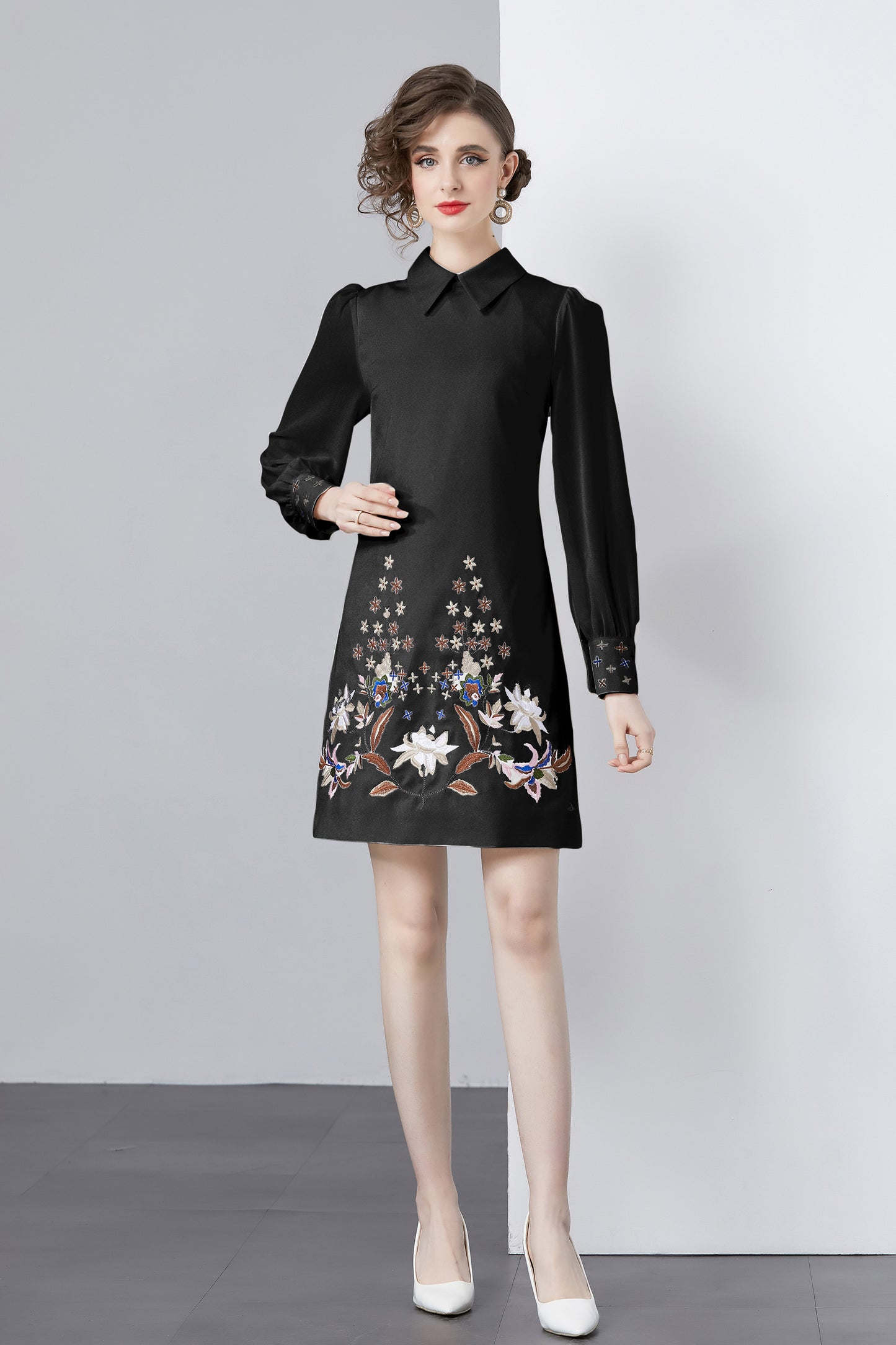 Vintage Women's Elegant Embroidered Hight Neck Mini Dress - LAI MENG FIVE CATS