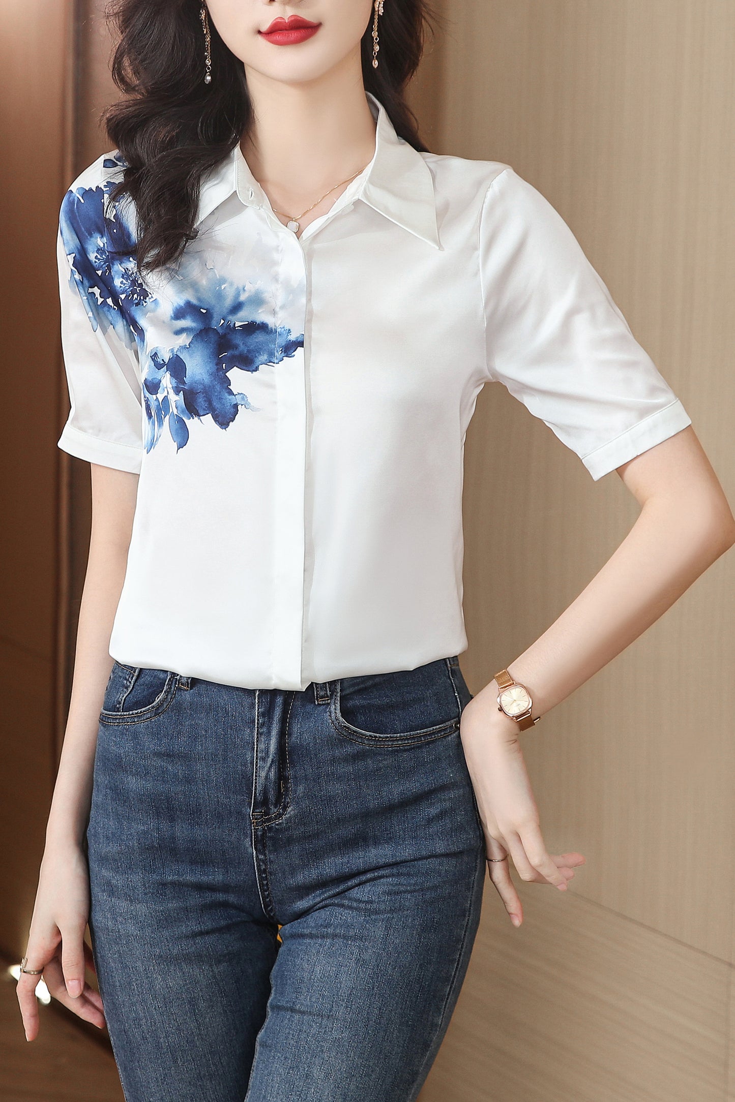 Women's Collared Floral Print Blouse Short Sleeve Tops