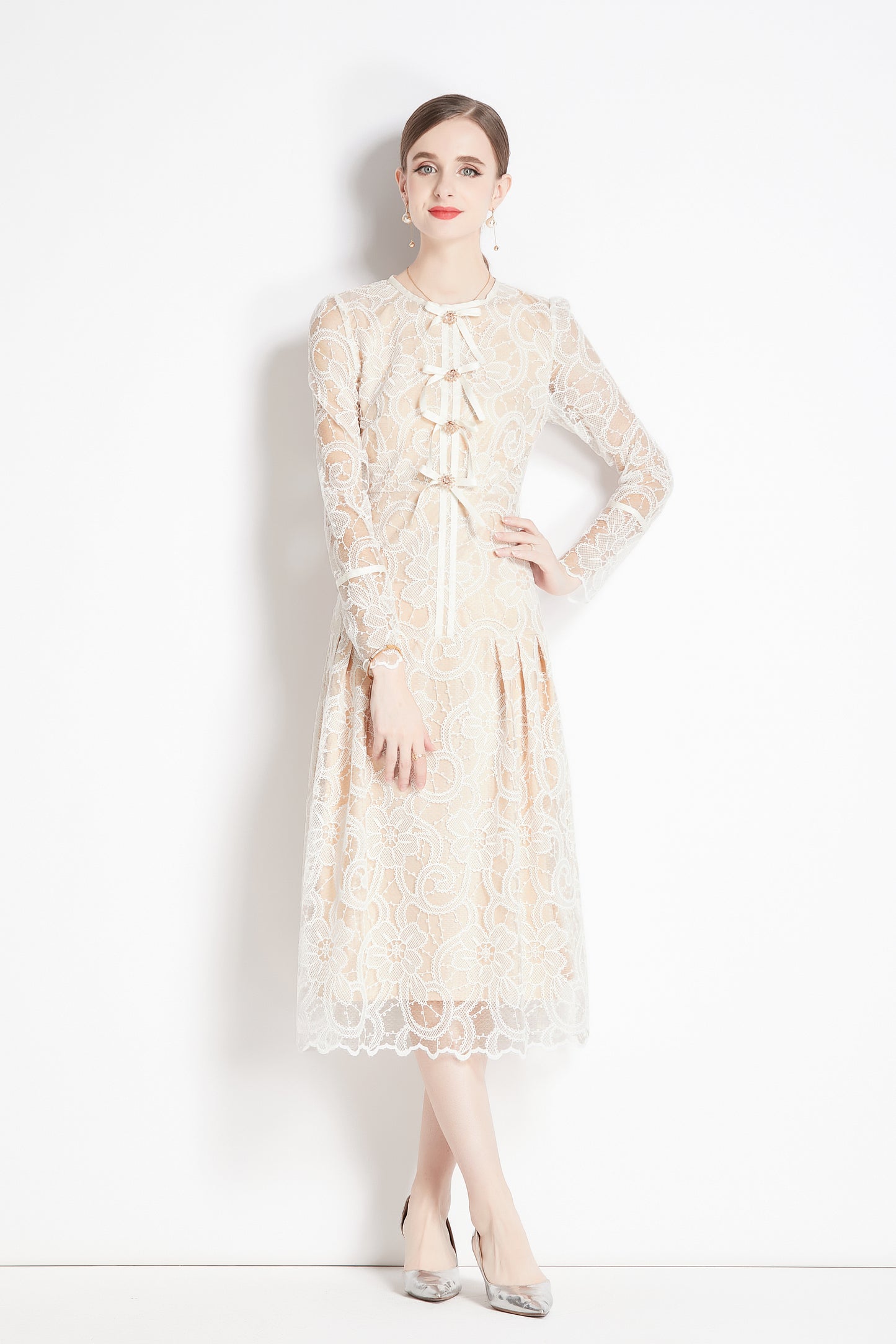 Women's Lace Floral Long Sleeve Midi Dress - LAI MENG FIVE CATS