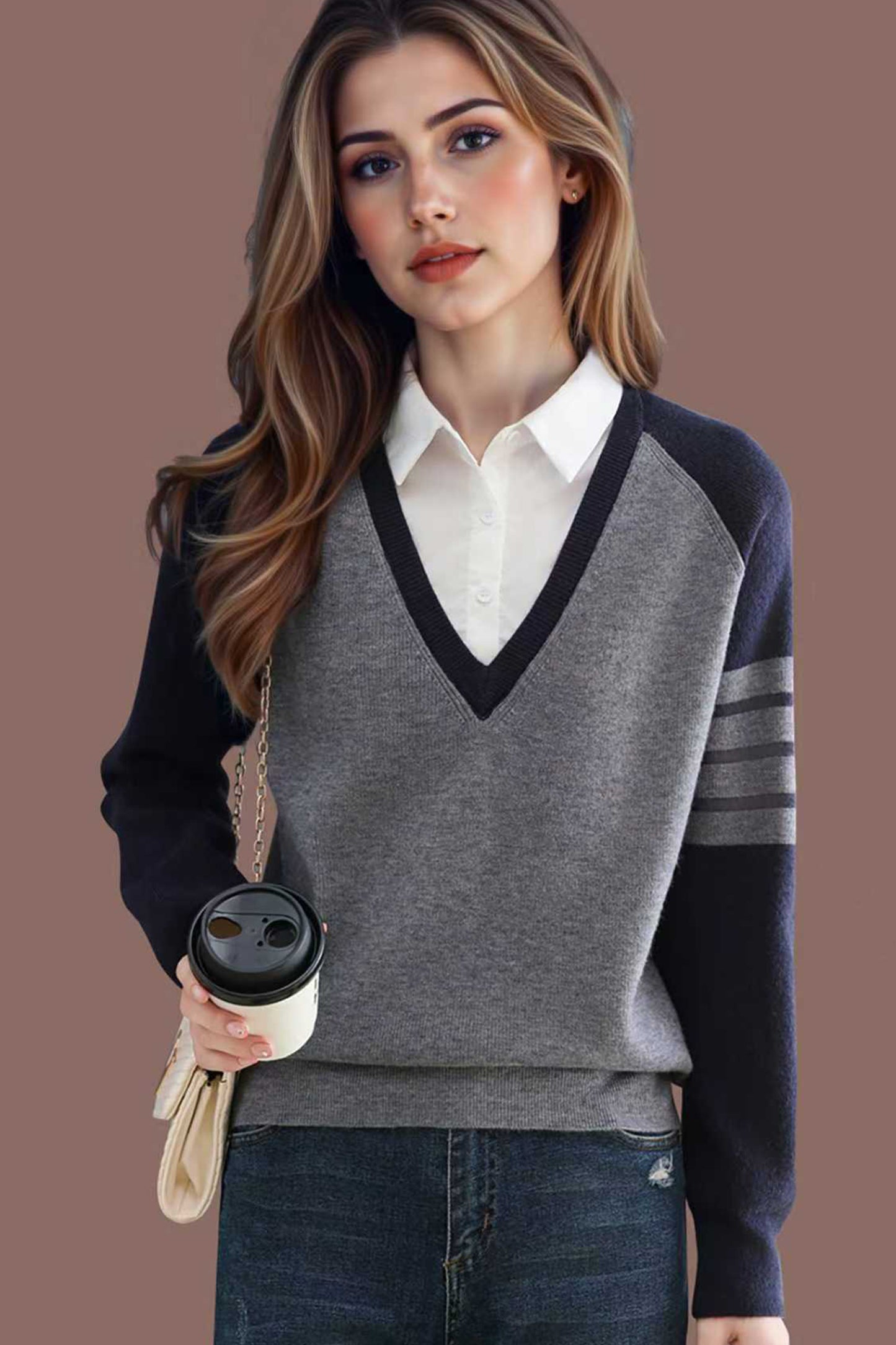 Women's V-Neck Pullover Top Striped Contrast Blouse