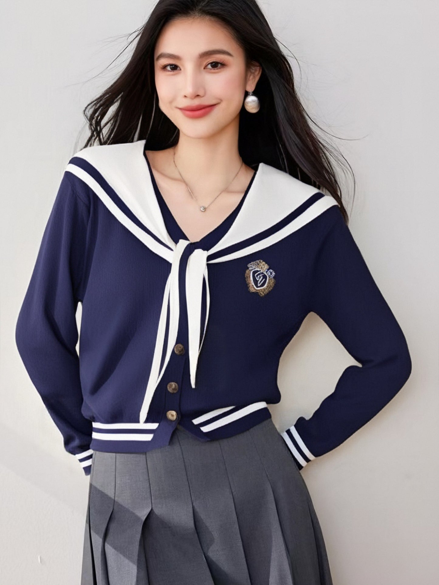 Women's Sailor Collar Long Sleeve Stripe Cardigan Sweater