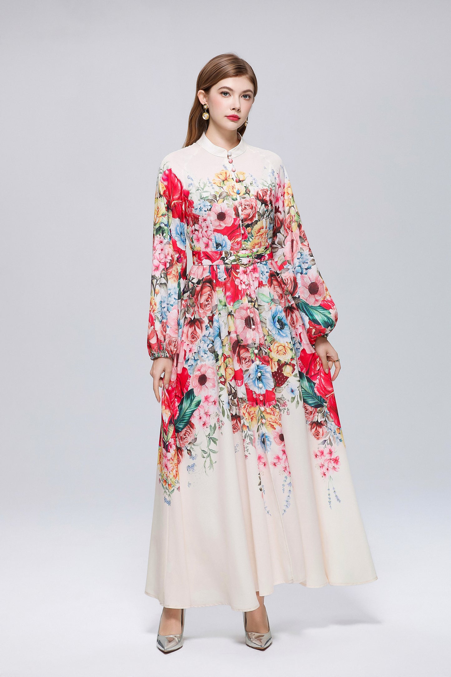26-Women Floral Print Button Flowy Maxi Belt Dress