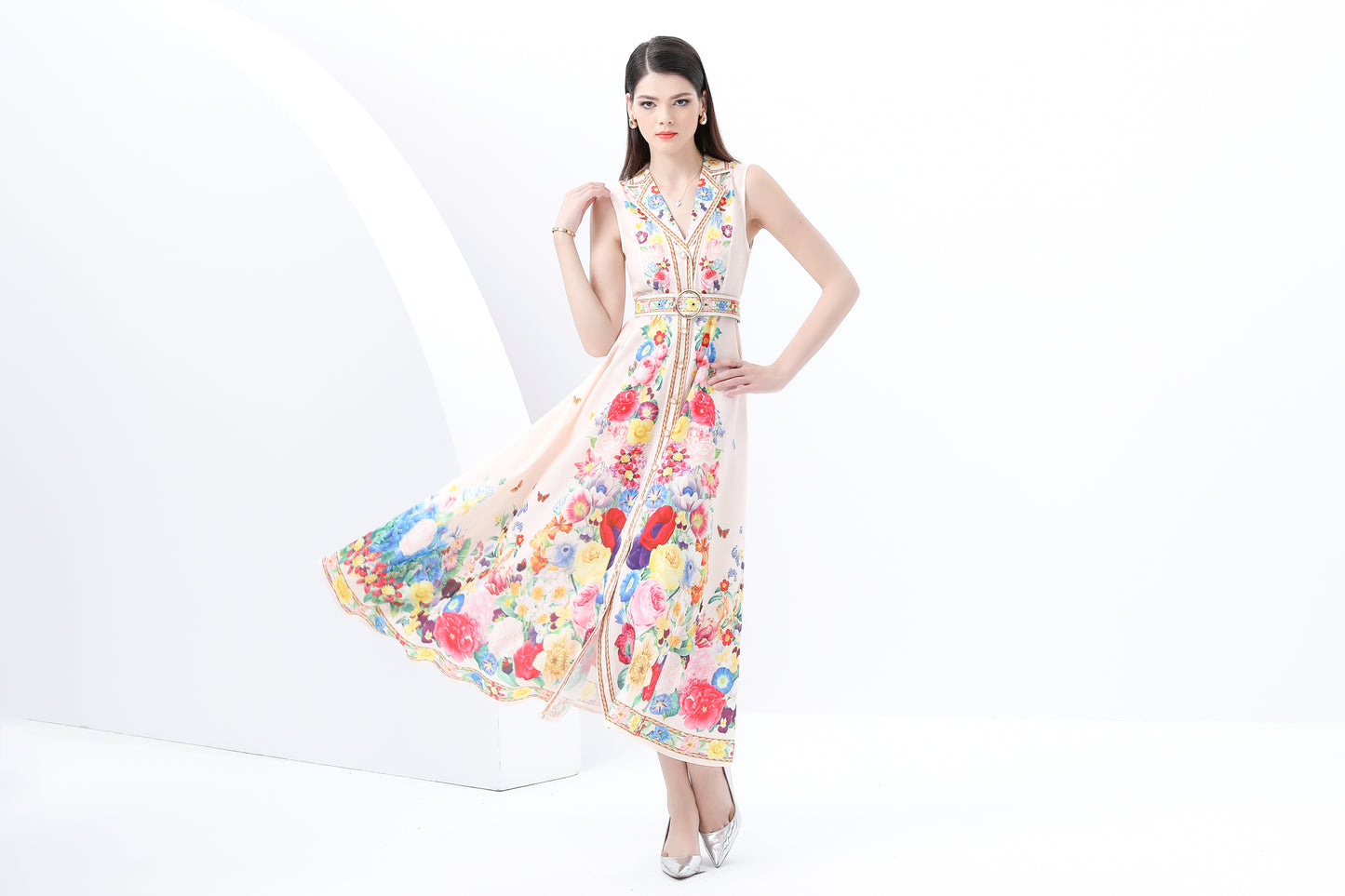 Women's Floral Print Sleeveless V Neck Maxi Dress