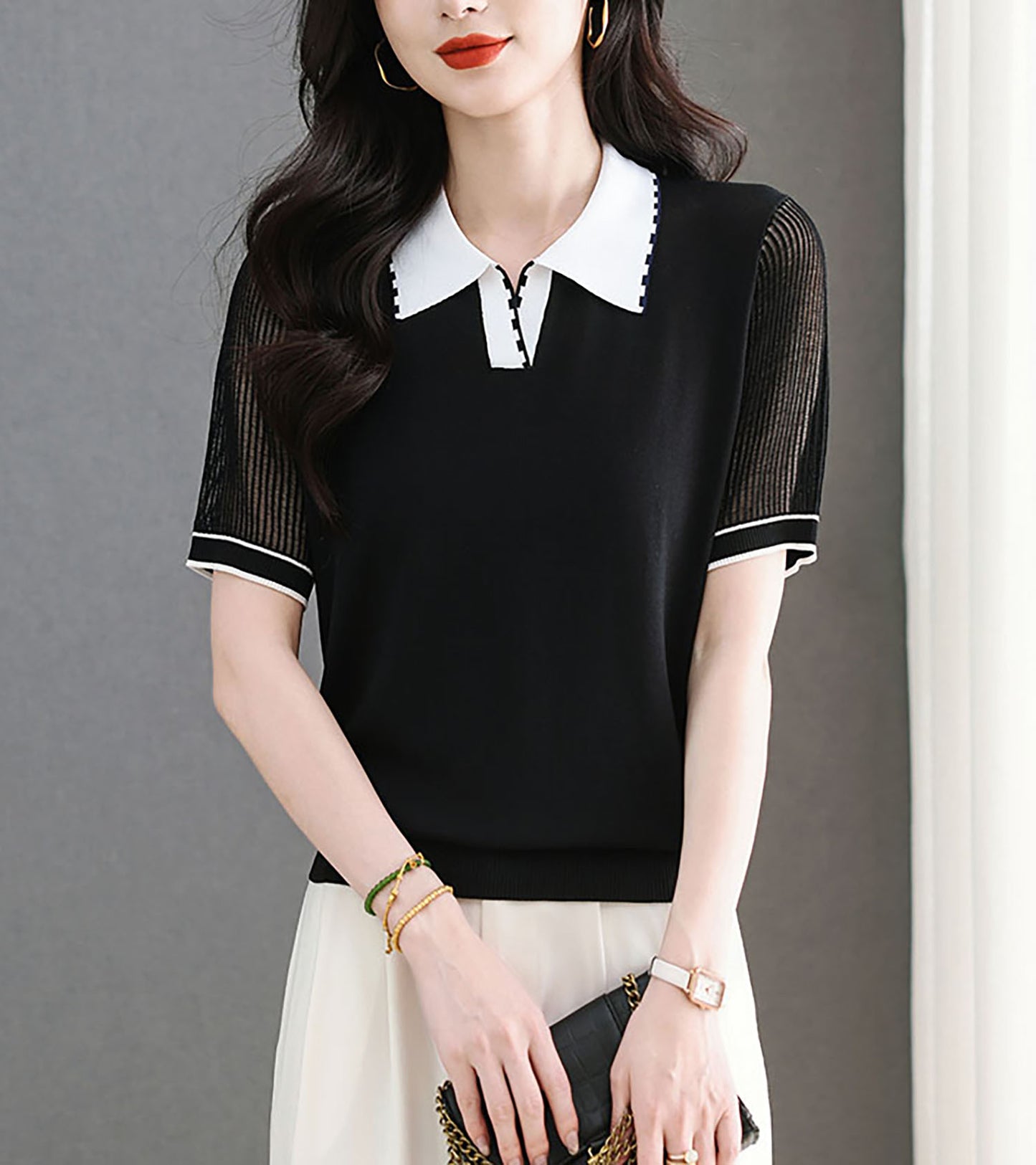 Women's Contrasting Color Polo Collar Knit Blouse